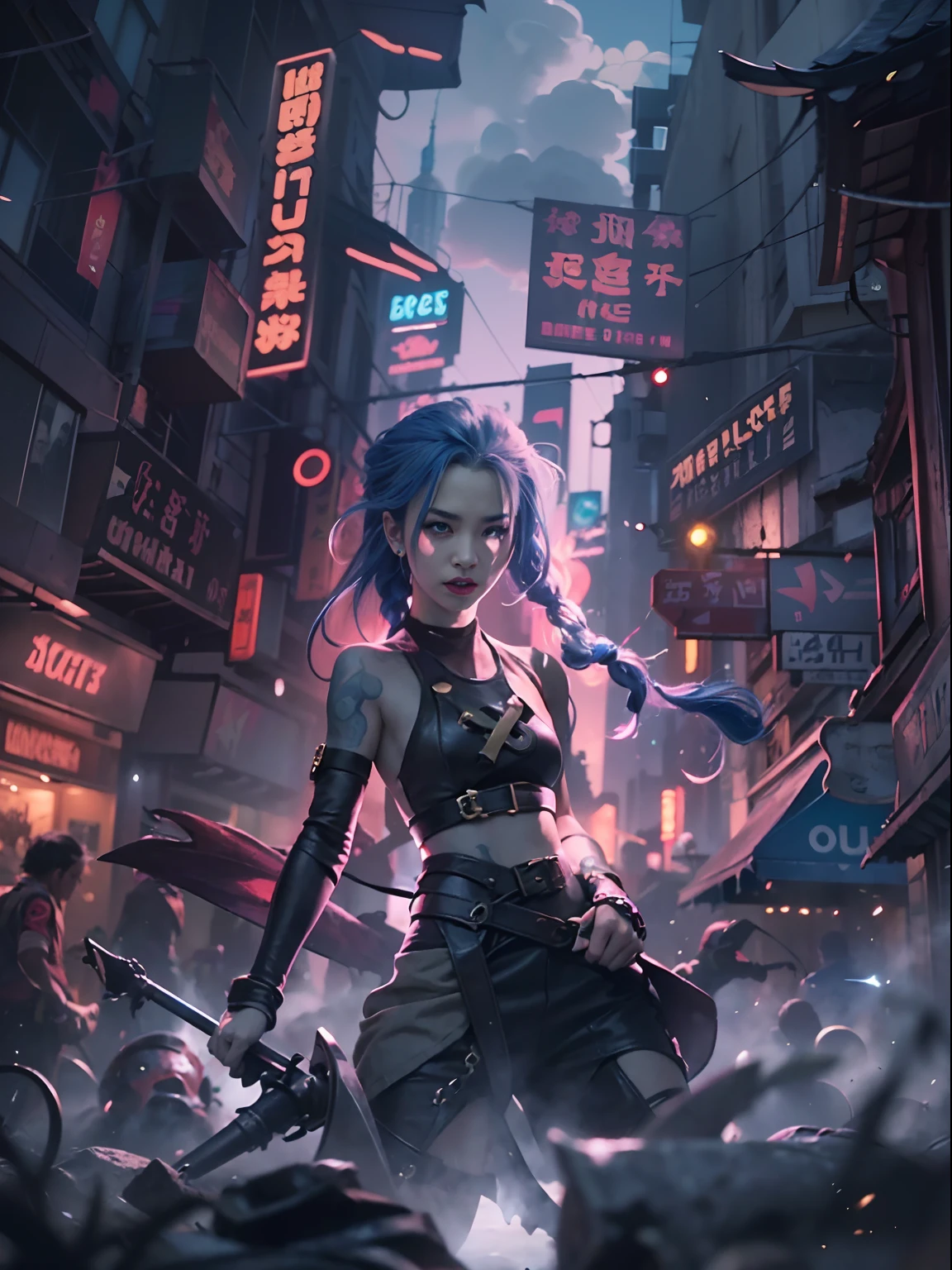 (((best qualtiy)),((tmasterpiece)),(The very detailed:1.3),。.3D,Mystery style,In the dark and resilient dystopian city of Piertofer,Plagued by violence and split into two opposing factions,A young child prodigy named Jinx appears。After enduring unimaginable losses and abandonment,She embraced a life of chaos and destruction。Jinx known for his creative and explosive abilitieecome an idol against the oppressive forces that control the city。Sin embargo,She haunted by guilt and inner demons,She must face her past,And decided to continue on the path of anarchy,Or seek salvation in the midst of turmoil。Explore the journey of Jinx,She sails through a dangerous world,Fight for survival,Uncovering Secrets,And discover the true meaning of her distorted existence,Chaos reigns supreme,And at the heart of it all Jinx,The embodiment of unpredictability。Delve into Jinx's twisted mind,exploring the origins of her madness and the driving force behind her destructive nature。Uncover the moments that molded her into the crazy and iconic character we know。Take us on a wild journey,Travel through the vibrant streets of Piertover and the gloomy hinterland of Zaun,Jinx wreaks havoc with her explosive arsenal。Can salvation enter Jinx's broken soul?Or will she always dance on the edge of sanity,Embrace the chaos that drives her existence?The fate of Arcane hangs in the balance,Because Jinx's path intertwined with unlikely allies and formidable enemies。Ignite your imagination,A vivid portrait depicting Jinx's twisted mind,Capture the essence of her madness and the spirit that defines her,hdr(HighDynamicRange),Ray traching,NVIDIA RTX,Hyper-Resolution,Unreal 5,sub surface scattering,PBR textures,Post-processing,Anisotropy Filtering,depth of fieldaximum clarity and sharpnesany-Layer Textures,Albedo e mapas Speculares,Surface coloring,Precise simulation of light-material interactions,perfectly proportionisheyelens), self-shot, Cowboy shot, Wind, Messy hair, cyberpunk city landscape, (Aesthetics and atmosphere:1.2),Smiling, Laughing