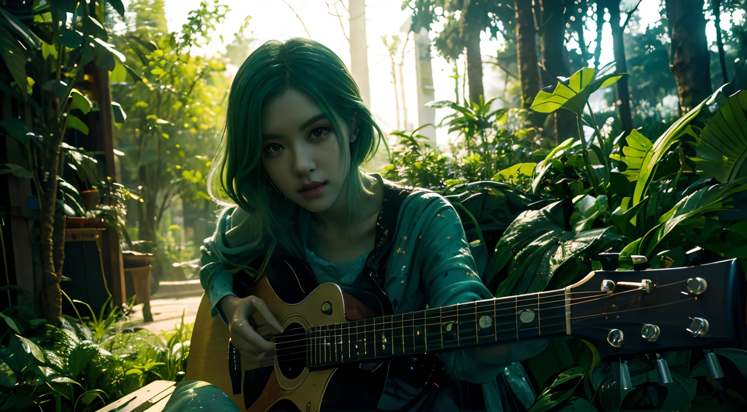 A girl with green hair playing a green guitar, wearing a green dress, surrounded by green fire in the background. (best quality,4k,8k,highres,masterpiece:1.2), ultra-detailed, (realistic,photorealistic,photo-realistic:1.37), HDR, UHD, studio lighting, ultra-fine painting, sharp focus, physically-based rendering, extreme detail description, professional, vivid colors, bokeh, portraits, landscape, horror, anime, sci-fi, photography, concept artists, vibrant green color palette, dramatic lighting effects.