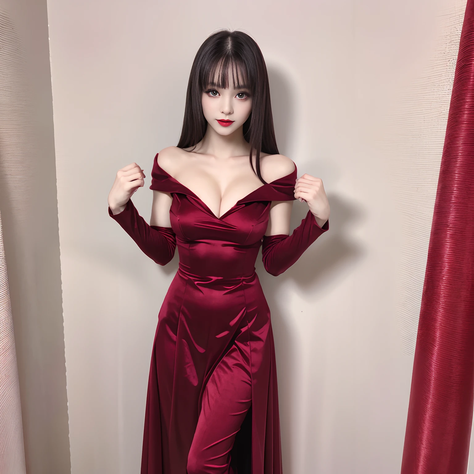 Vampire beauty in crimson velvet dress。Gothic Accessories、Black high heels、Deep purple eye makeup、Mysterious atmosphere with sharp claws、Smile on his face、big breasts、Chest is open、sexypose、18year old、