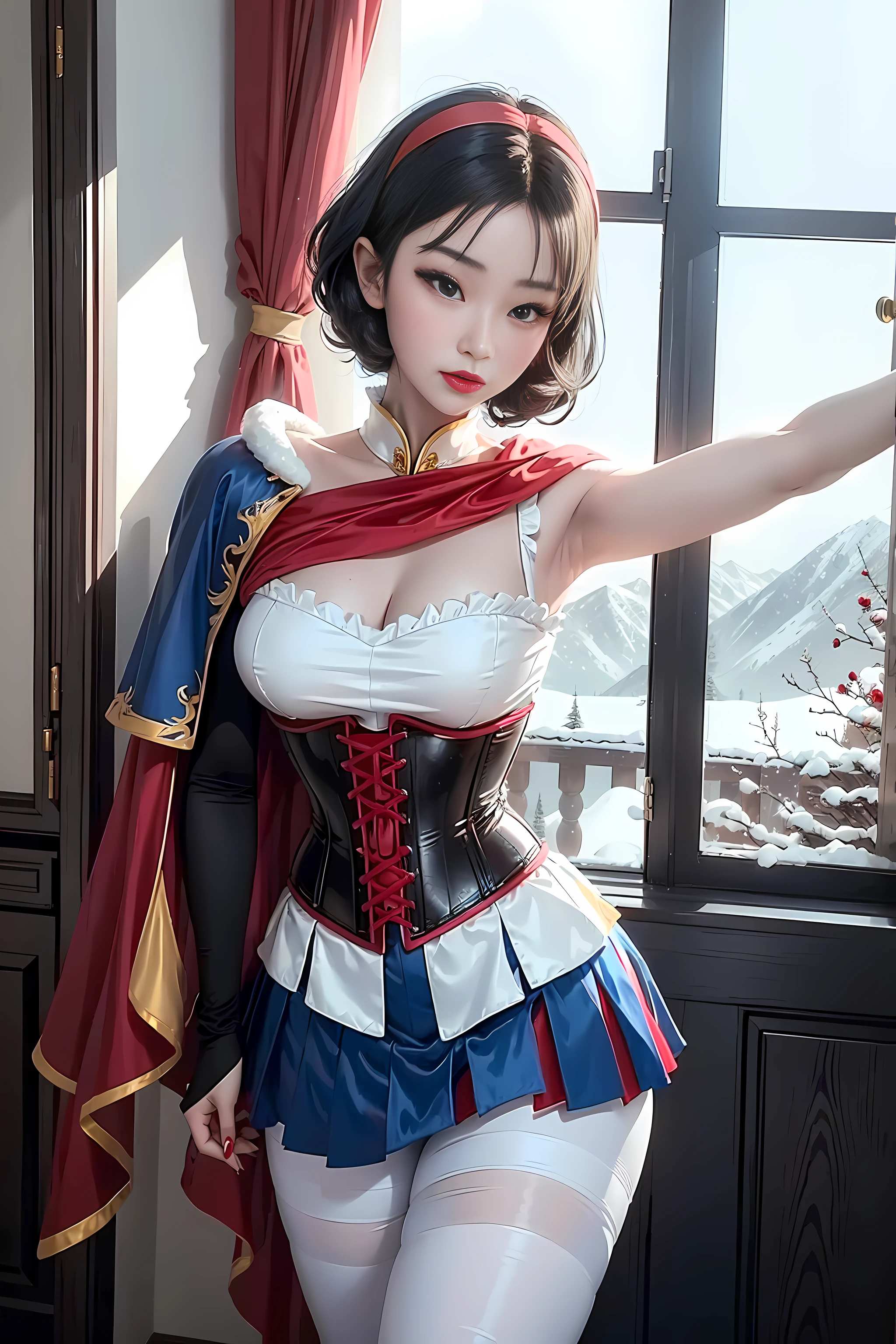 Beautiful korean 18 year old woman, wearing snow white cosplay, blue silk corset, red silk cape, yellow silk pleated skater skirt, white leggings, black bob hair, red hairband, , masterpiece, photorealistic, amazing detailed face,   dynamic pose, blushing, sexy pose, snowwhite