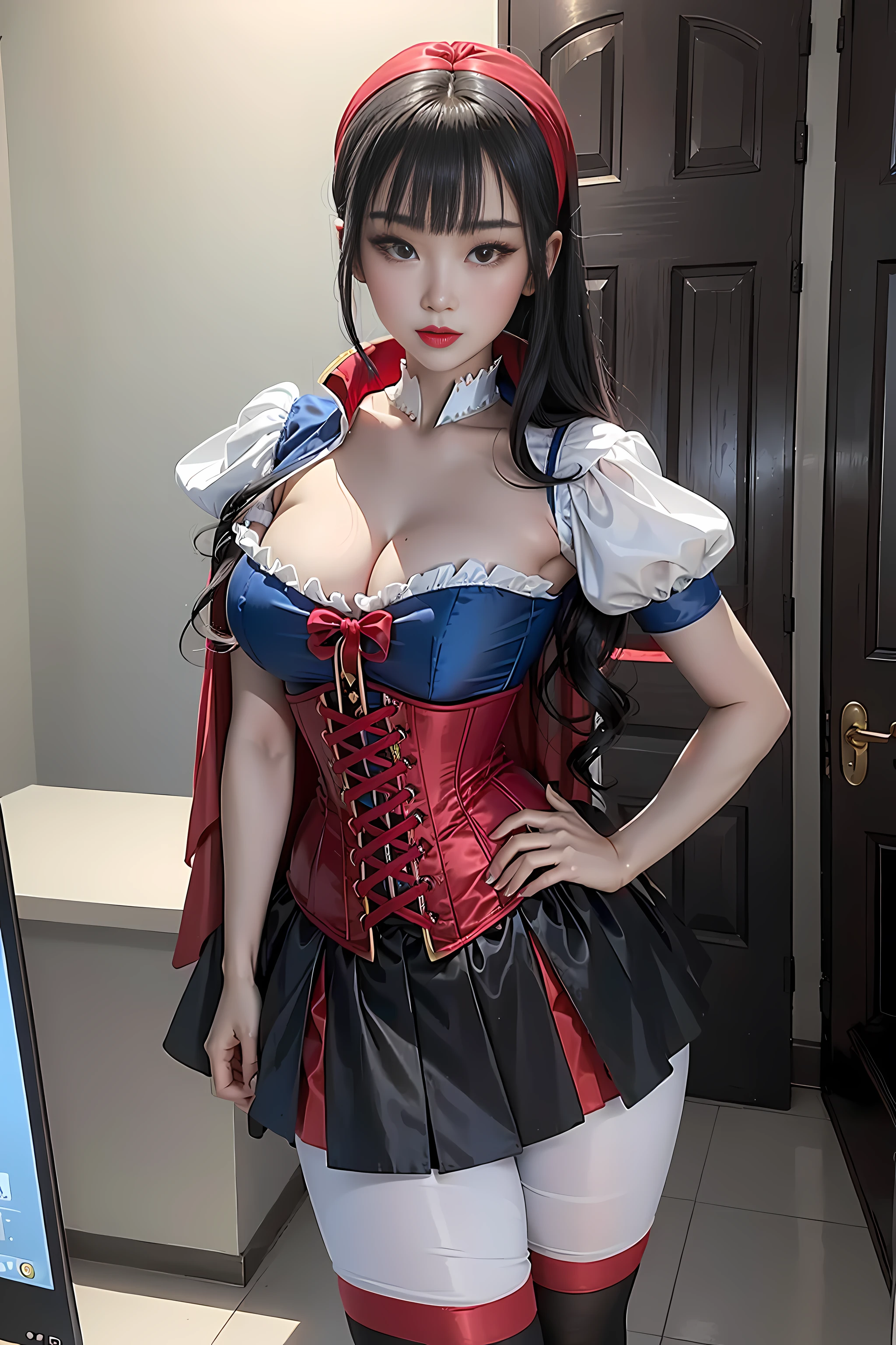 Beautiful korean 18 year old woman, wearing snow white cosplay, blue silk corset, red silk cape, yellow silk pleated skater skirt, white leggings, black bob hair, red hairband, , masterpiece, photorealistic, amazing detailed face, dynamic pose, blushing, sexy pose, snowwhite