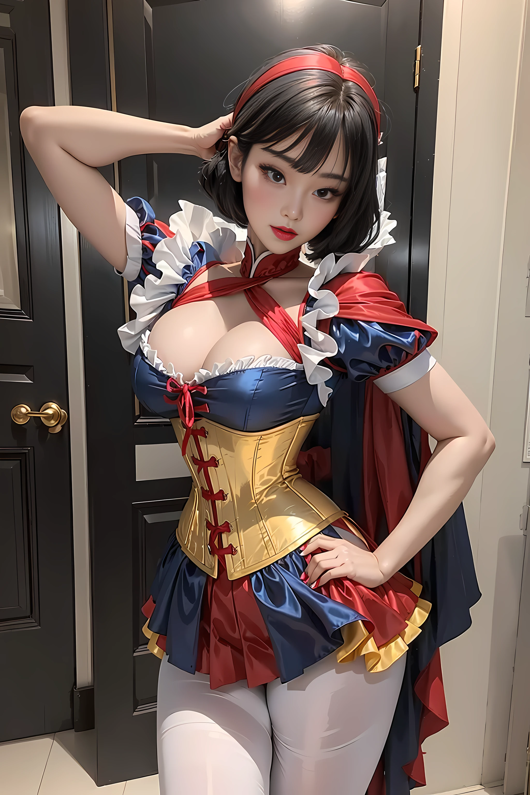 Beautiful korean 18 year old woman, wearing snow white cosplay, blue silk corset, red silk cape, yellow silk pleated skater skirt, white leggings, black bob hair, red hairband, , masterpiece, photorealistic, amazing detailed face, dynamic pose, blushing, sexy pose, snowwhite