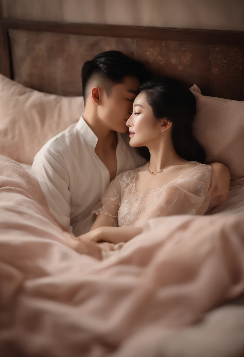 Please create an image of a Chinese couple lying in bed in love. Images should be in a realistic format,And use a palette of pastel and neutral pastel colors. Make sure the image is on the right,And the couple's body, including legs, Arms, and head, Fully Visible,No blemishes or cuts."