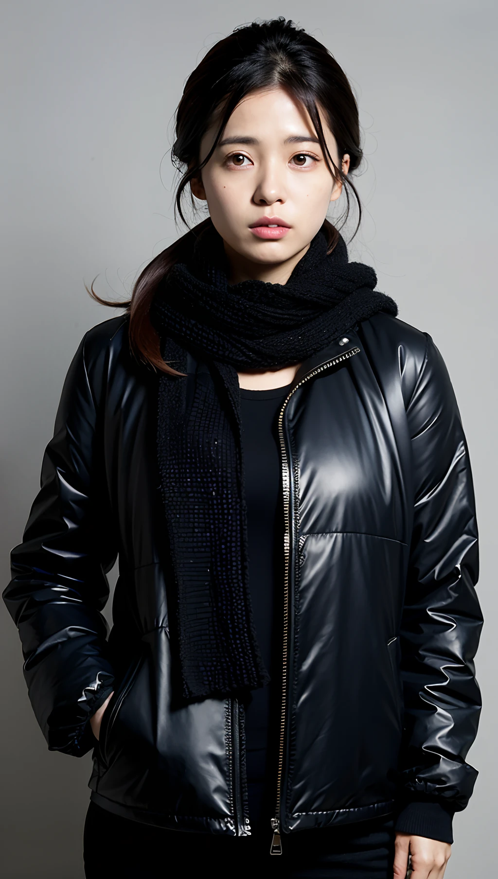 Woman in Alafe posing in black jacket and scarf, 奈良美智, The artist looks Yokoyama, natsumi mukai artwrok, official artwork, harumi, chiho, nishimiya shouko, Yuka Kazami, Yasumoto Oka, nishihara isao, Chiho Ashishima