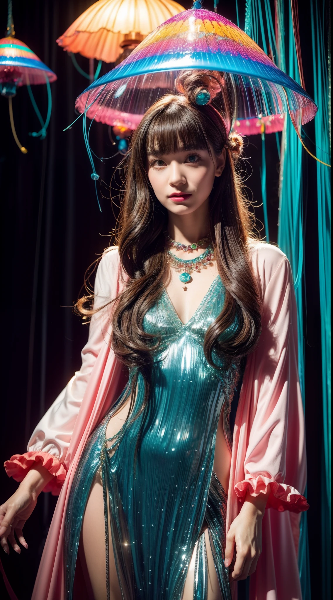 Jellyfish fashion, vibrant Jellyfish scene, Jellyfish style, nostalgic ambiance, energetic Jellyfish floor:0.2  image of a Jellyfish girl, immersed in the vibrant atmosphere of a fantasy case. His attire reflects the fashion trends of the era, soft patterns. The fantasy scene is alive, a fantasy floor, and fantasy around to the rhythm of the bate. The ambiance transports viewers back to the vibrant and energetic, capturing the spirit of fun, freedom, and self-expression that defined the Jellyfish culture, black long hair with bangs, midshot, centered image, ultra detail, extremely face detail, extremely eye detail, a girl pale skin, small breasts, jellyfish outfit