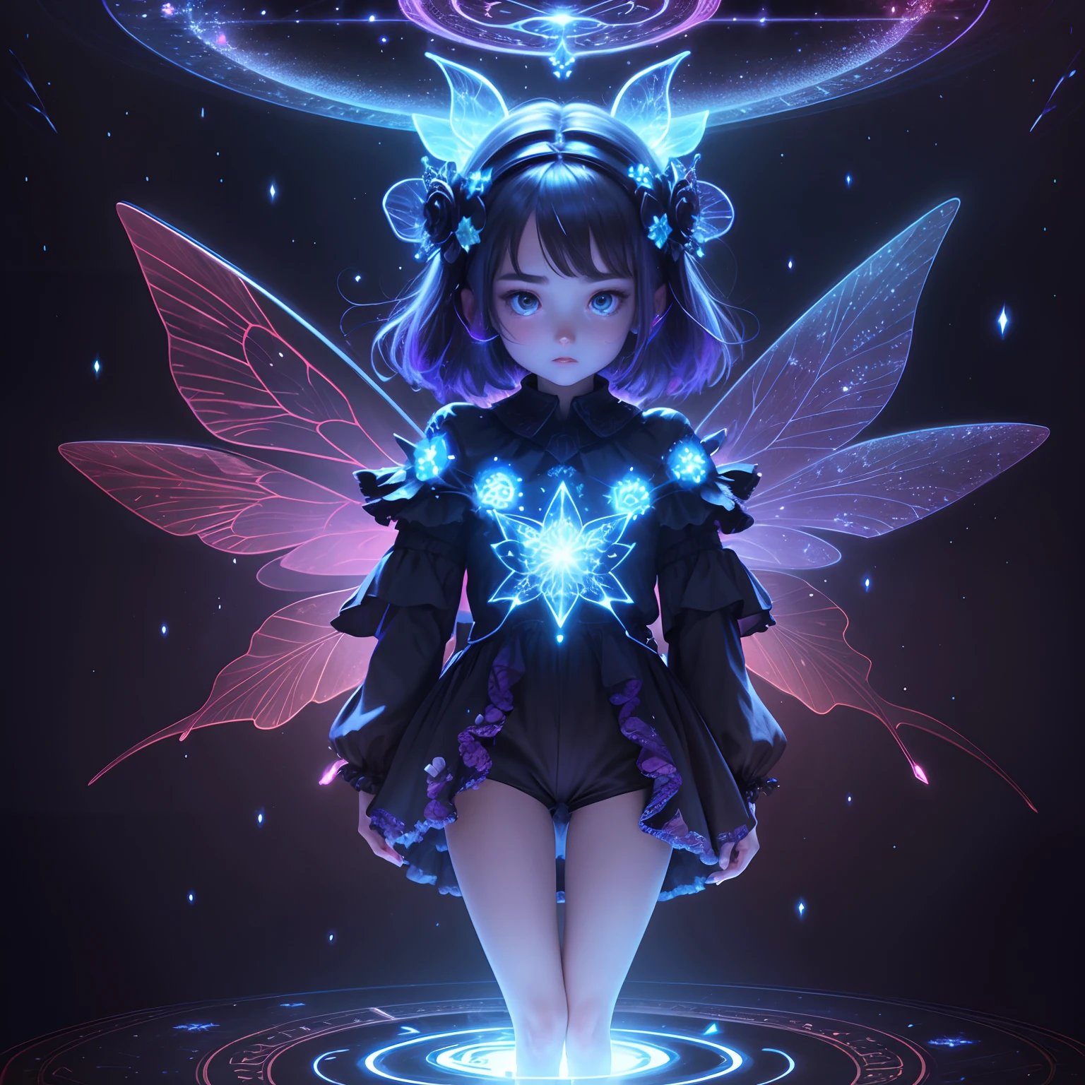 Absurd , highres, ultra-detail, (1girls:1.3), romper, Fantasy series, headgear, romper, Light personality, Dark personality, Mind control, fractal, Full body, ceiling, Art Background, Bioluminescence Blue, geometric, organic, blessing, favor, lofty, sublimate, noble, expose, solve, antigravity, Antimatter, Guardian Angel, holy, holy, Spirit, majestic, Red Bioluminescence, floral, Holographic Wings, On Magic circle, photon, butterflies, balance, galaxy, Berk,