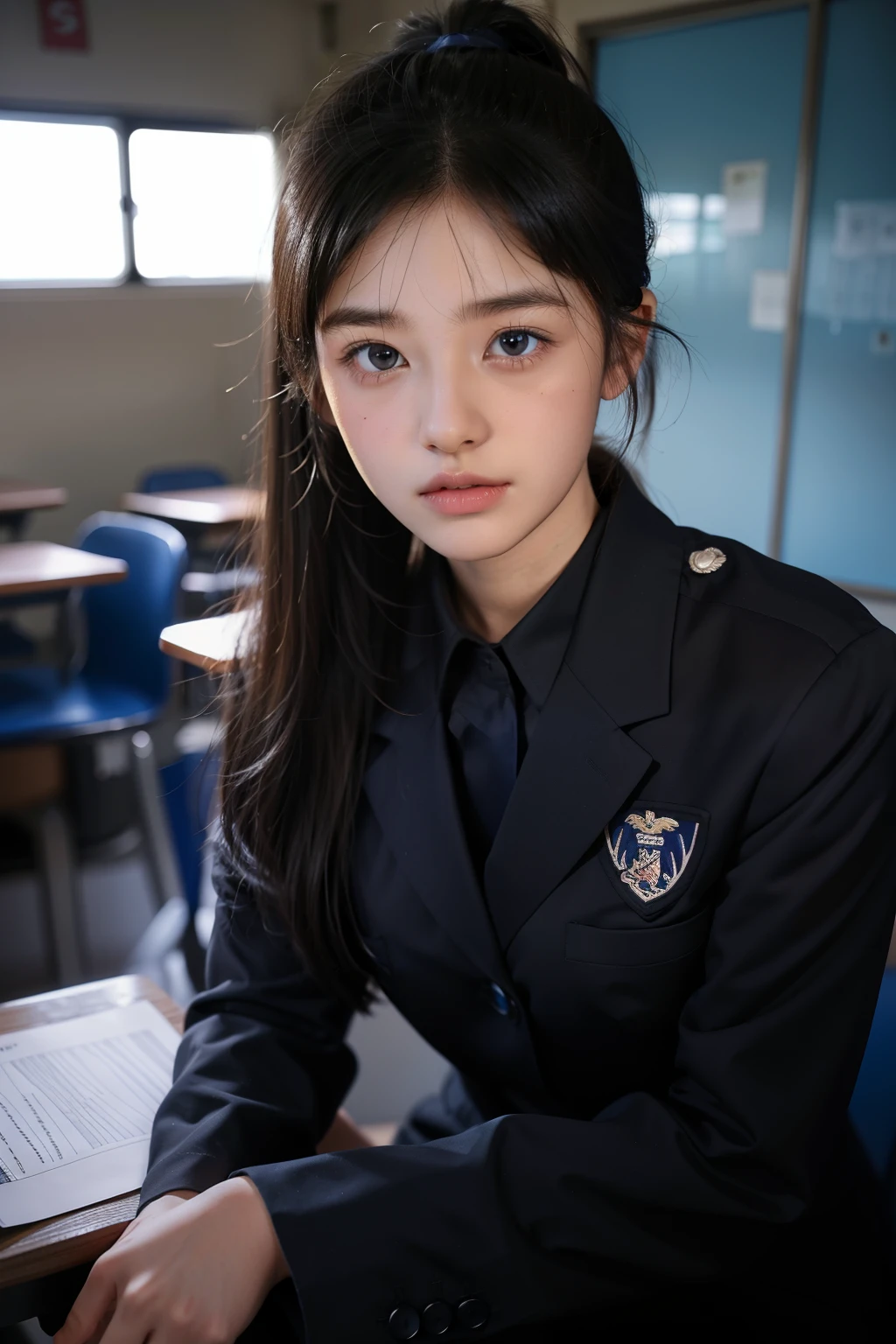 1 girl, , in front of class, Pony tail, black hair, blue light eyes, 16y.o, preetywears uniform, two bangs, high nose