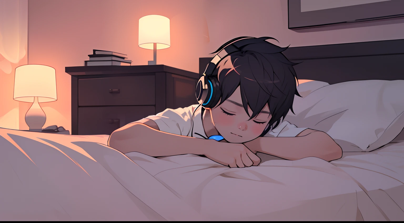 onbed，A young boy with，Listen to music with headphones on，Relaxing and comfortable atmosphere in a night bedroom setting