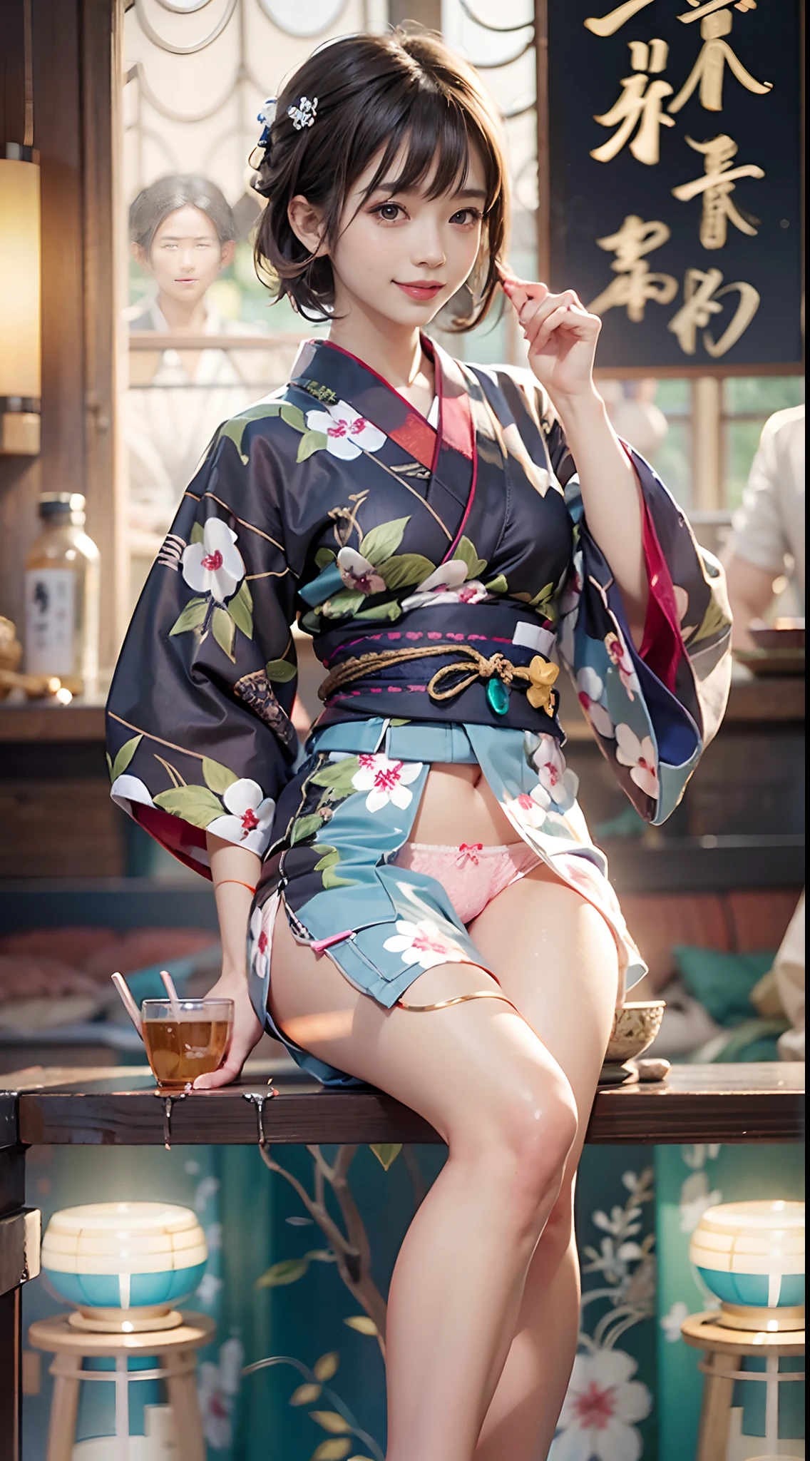 ((pretty Panties)), ((panties focus)), (mini yukata), Clothes are sheer, Japanese-style izakaya, Smiling smile, (NSFW), 1womanl, 独奏, 24 year old, 7headed body, (Ideal ratio body proportions), (Composition from head to thigh), erectile nipple, Sexy body, Wet, short-hair, Dark hair, small tits, A slender, Small buttocks, beauty legs, Skinny Legs, surrealism, Cinematic lighting, depth of fields, One-person viewpoint, F/1.8, 135 mm, nffsw, masutepiece, ccurate, ((Anatomically correct)), Textured skin, Super Detail, high details, High quality, awardwinning, Best Quality, hight resolution, 8K