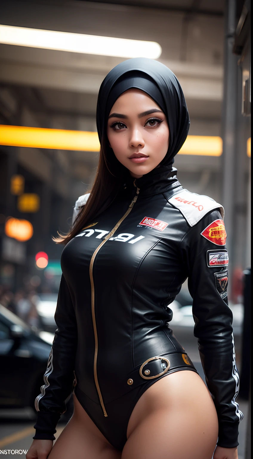 Produce a visually striking 8K AI-generated image of a Malay hijab girl drag racer in his 20s within a steampunk-inspired world. Use photorealism to bring out the racer's personality and determination, while also infusing the image with the intricate and imaginative details of a steampunk setting. Apply depth of field to create a captivating composition that immerses the viewer in the racer's world.