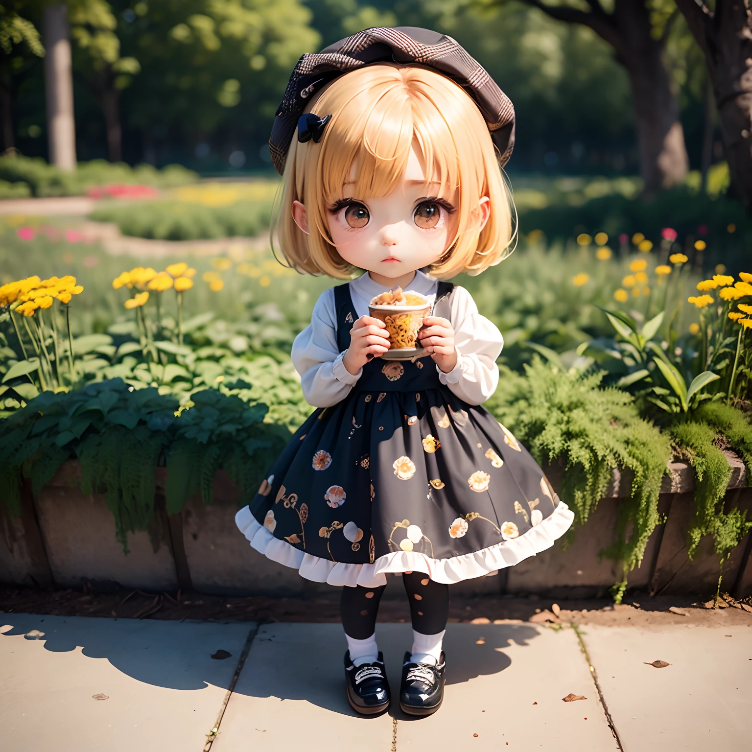 masterpiece、top-quality、ultra-detailliert、(Chibi Chara:1.2)、独奏、Black Bob、Leopard print beret、Zebra Print Dress、Cow print tights、Dot Pattern Shoes、Monet Flowers Wallpaper