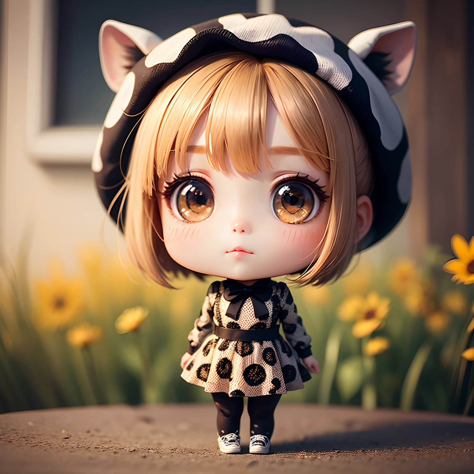 masterpiece、top-quality、ultra-detailliert、(Chibi Chara:1.2)、独奏、Black Bob、Leopard print beret、Zebra Print Dress、Cow print tights、Dot Pattern Shoes、Monet Flowers Wallpaper