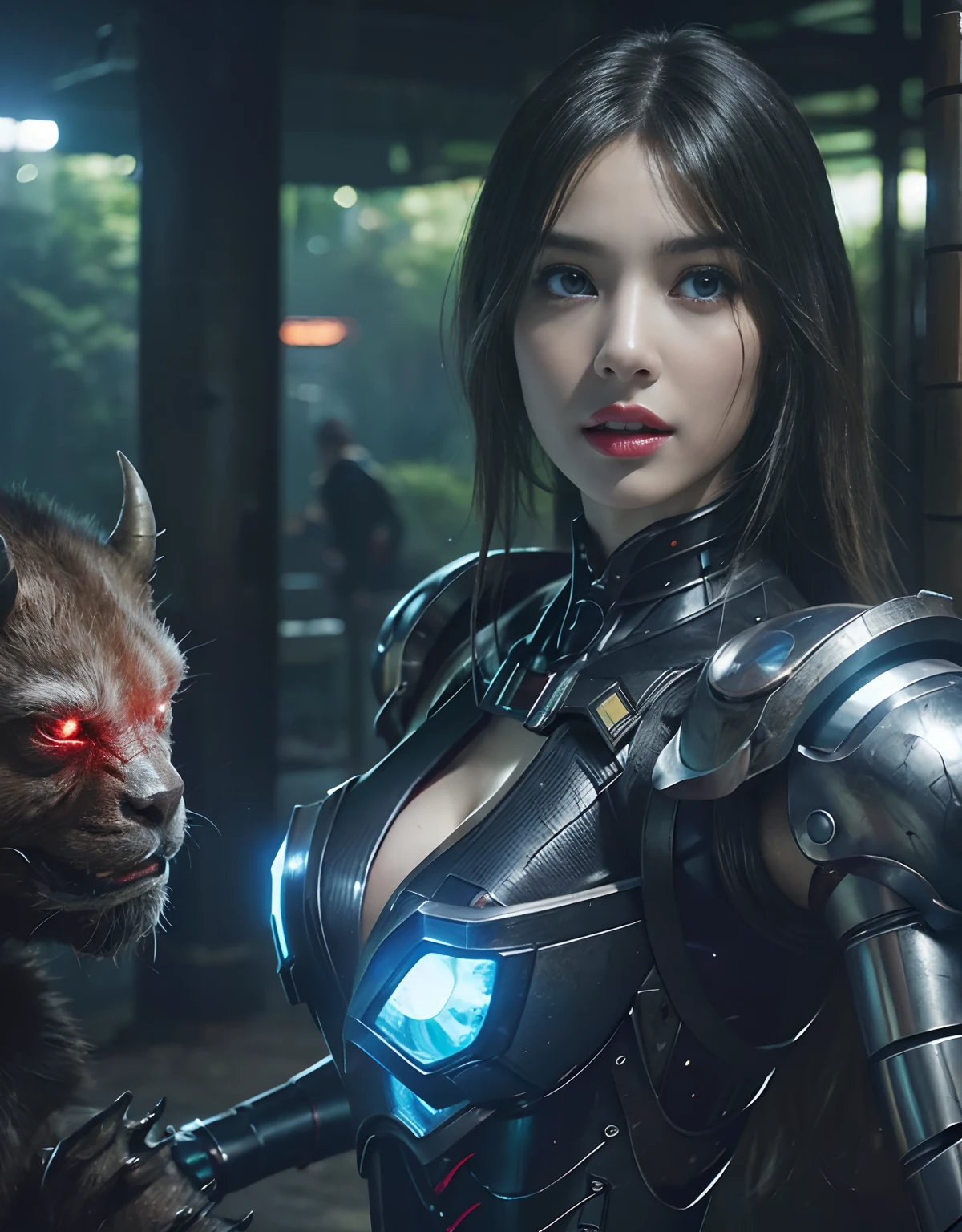 (1 Mechanical Girl)、top-quality、​masterpiece、超A high resolution、(Photorealsitic:1.4)、Raw photo、女の子1人、Fight mutants、glowy skin、(((1 Mechanical Girl)))、With a beautiful knife、（Green Metal Bodysuit）、(Kobold、ogre、Fierce battle with orcs),（Fight fiercely against aliens）、Fight fiercely、(beautiful forest background)、(Fighting Demonic Beasts)、(Small LED)、((super realistic details))、portlate、(Strong giant demon beast background),globalillumination、Shadow、octan render、8K、ultrasharp、Colossal tits、Raw skin is exposed in cleavage、metals、Details of complex ornaments、Japan details、highly intricate detail、Realistic light、(Mystical expression),CGSoation Trends、Blue eyes、radiant eyes、Facing the camera、neon details、(Mechanical limbs)、(blood vessels connected to tubes)、Mechanical vertebrae attached to the back、mechanical cervical attaching to neck、(Wires and cables connecting to the head)、Gundam、Small LED、,Mechanical thighs、Toostock、（Hands are also made of machines）、（Attack of the Monster Beasts）、（Wounded in a deadly battle）、