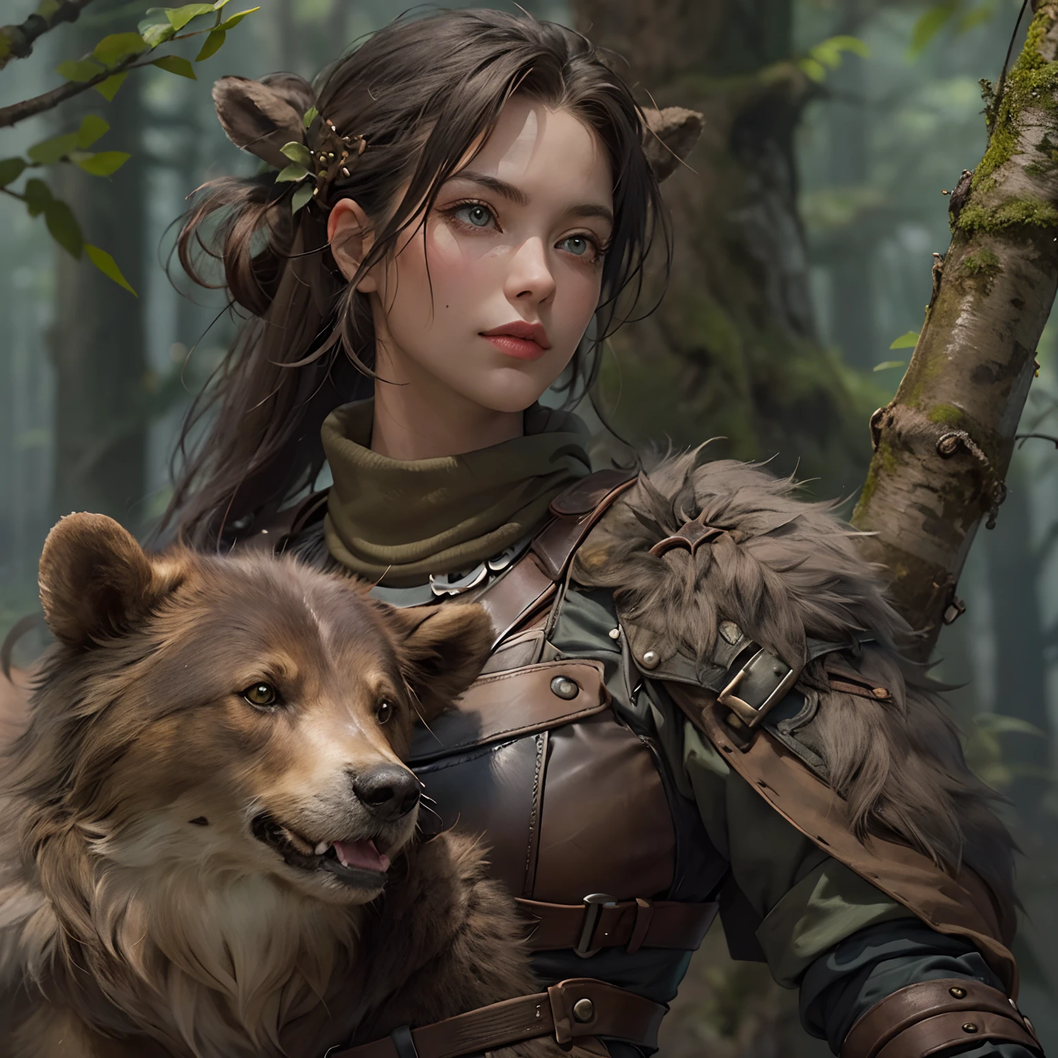 Hohe Detailgenauigkeit, best quality, 8K, [Ultra-detailliert], Meisterwerk, best quality, (Extrem detailliert), Dynamischer Winkel, Ultra-Weitwinkel-Aufnahme, .RAW, fotorealistisch, Fantasy-Kunst, DND-Kunst, RPG-Kunst, Realistische Kunst, A wide-angle image of a female human barbarian and her pet bear, Krieger der Natur, Fighters of nature, full entire body, [[anatomisch korrekt]]. Dynamische Position (1.5 komplizierte Details, Meisterwerk, best quality) Talking to a bear (1.6 komplizierte Details, Meisterwerk, best quality) im Wald (1.5 komplizierte Details, Meisterwerk, best quality), eine frau, The leather clothing wears (1.4 komplizierte Details, Meisterwerk, best quality), Lederstiefel, dickes Haar, Lange Haare,hochgebundenes rotes Haar, mit Tuch im Haar, abgenutztes dreckiges Tuch als Haarband, Helle Haut, intensive Augen, green eyes, Waldhintergrund (Intensive Details), ein Bach, that flows in the background (1.4 komplizierte Details, Meisterwerk, best quality), Light of dawn, Wolken (1.4 komplizierte Details, Meisterwerk, best quality), Dynamischer Winkel, (1.4 komplizierte Details, Meisterwerk, best quality) 3D-Rendering, Hohe Detailgenauigkeit, best quality, hight resolution, Ultra-Weitwinkel