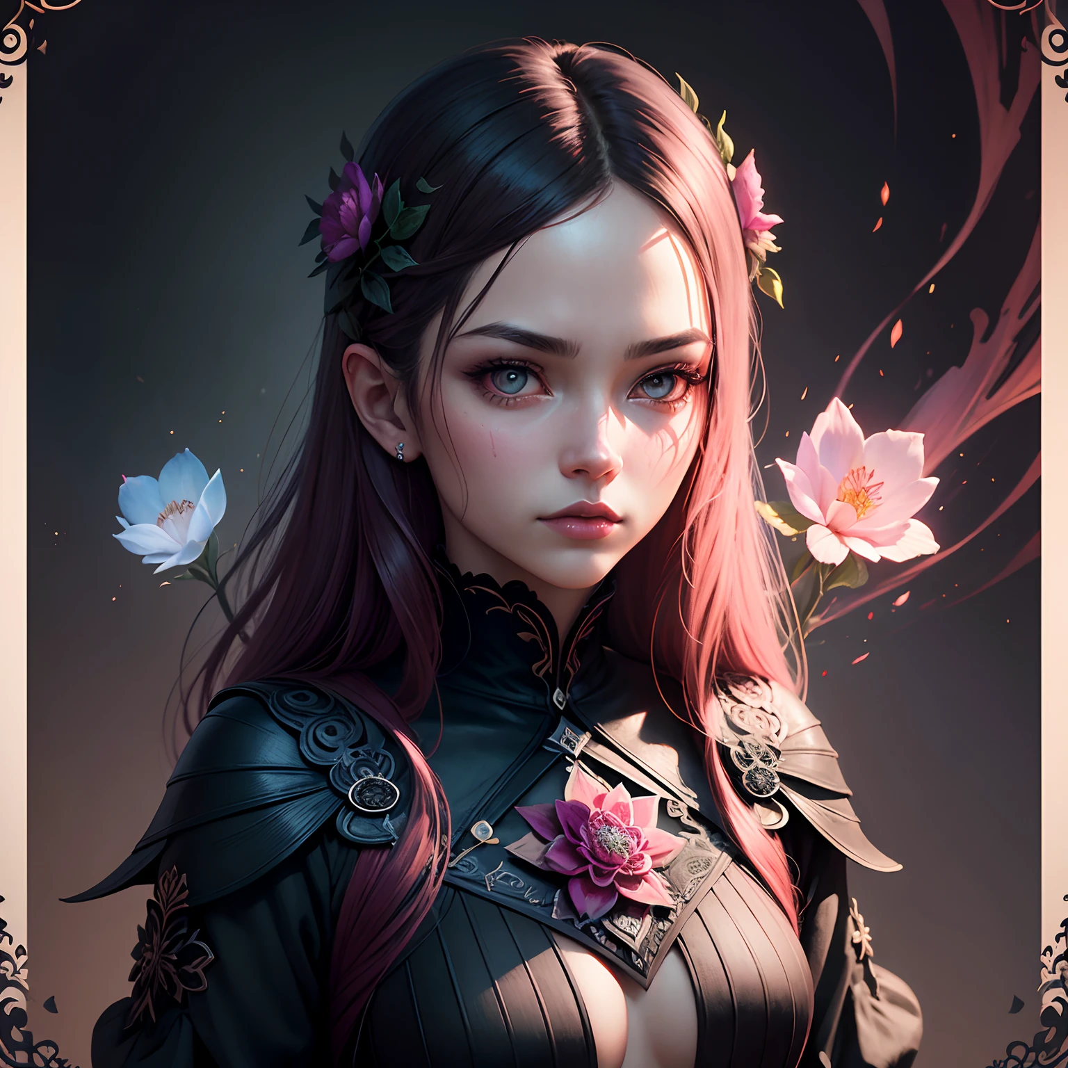 Uma flor de Casey Weldon, Olga Kvasha, Miho Hirano, intricately detailed gothic art trend in triadic colors Artstation Unreal Engine 5 detailed matte painting, cor profunda, genial, detalhes intrincados, tela inicial, cores complementares, arte conceitual de fantasia, 8K分辨率, gothic deviantart masterpiece, (dark shot: 0.9), arte de Greg Rutkowski e Artgerm, soft Cinematic Light, Adobe Lightroom, Photolab, HDR, intrincado, altamente detalhado, flor de cerejeira rosa soprando e virando borboletas ao vento a flor vira borboletas