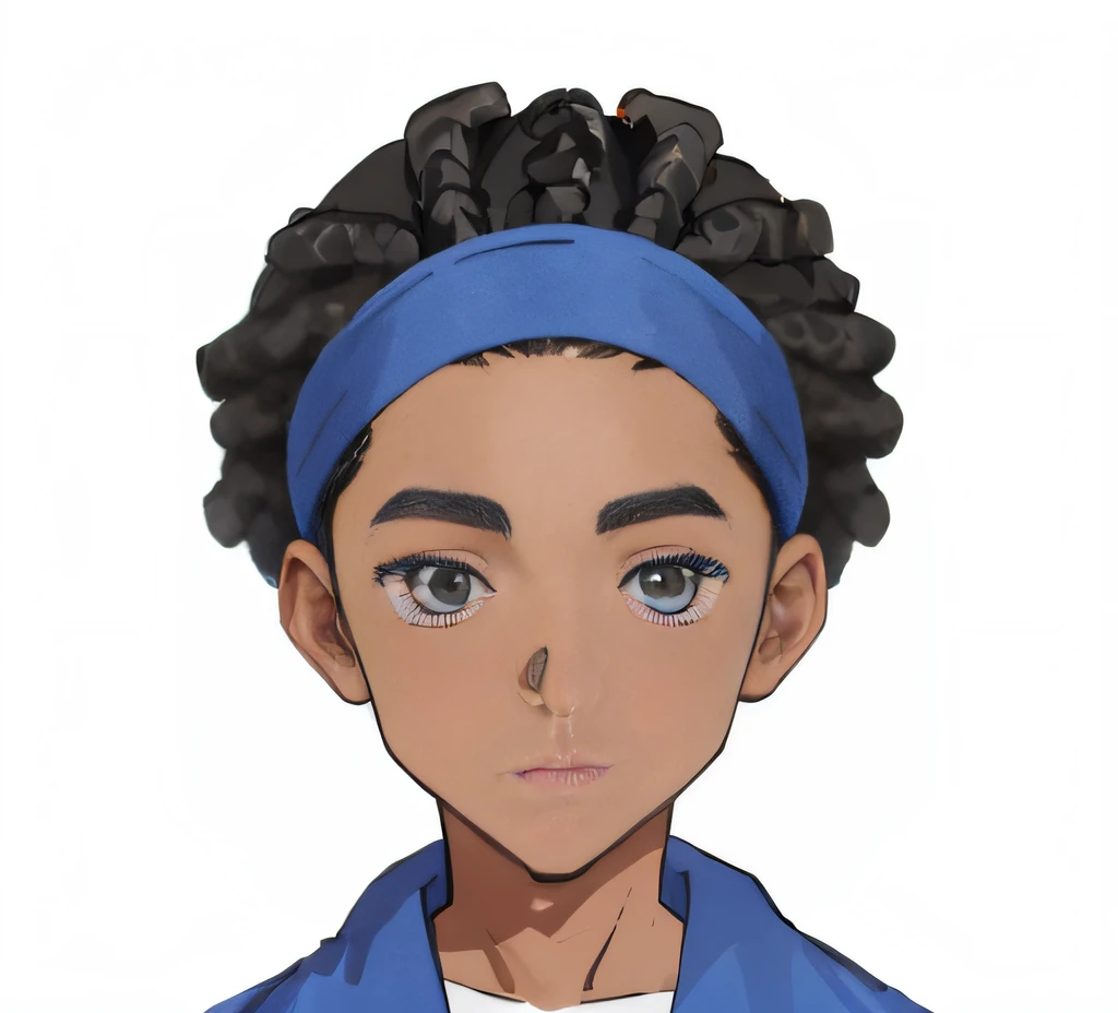 ((white empty background, anime style)), simple shading, ((a boy, a ???)), tan skin, ((black hair, short dreadlocks hair,)), blue head band