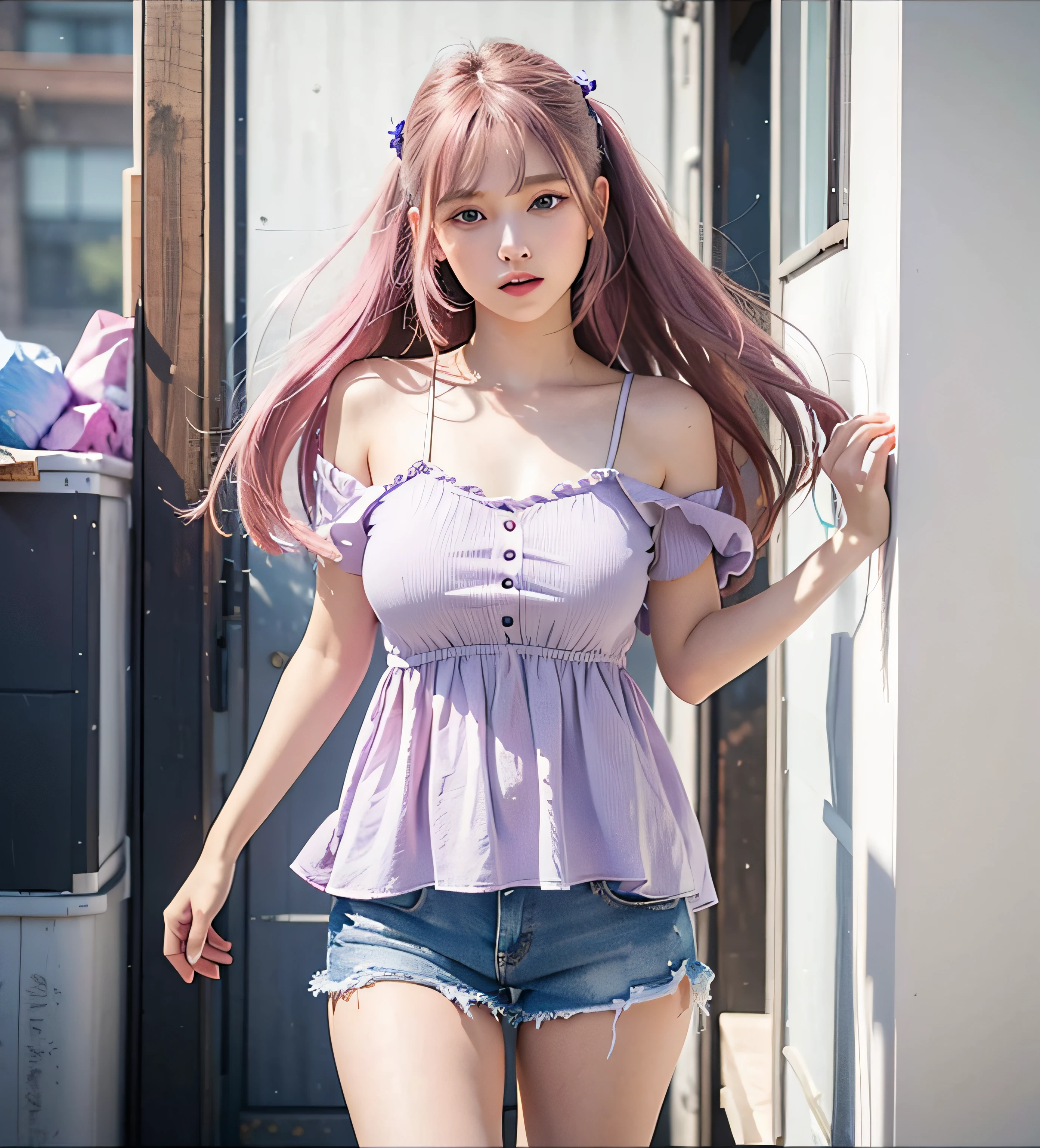 masterpiece, photorealistic, 1girl, blue detailed eyes, small nose, pink shirt, jean shorts, bright purple long hair, large boobs, beautiful, innocent