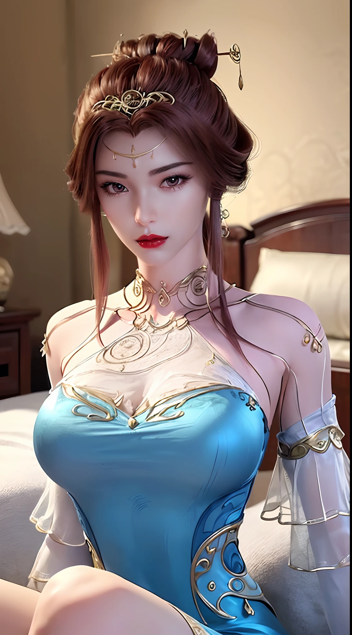 1 beautiful and sexy 20 year old girl, ((wear Blue antique nightgown is super invisible and sexy:2)), ((Ancient costumes made of see-through silk fabric:2)), sexy hanfu style, waist-length brown hair, jewelry elaborately made from precious stones and beautiful hair, ((wearing a 24k gold lace necklace:1.4)), the noble, noble style of an extremely beautiful girl, her small face is super cute, her face is very pretty, thin eyebrows, flawless beautiful face, ((black eye pupils: 0.8)), very beautiful eyes, ((brown eyes: 1.6)), (((big round eyes:1.6))), nice makeup and hair detailed eyelashes, steamy eye makeup, high nose, earrings, red lips, ((closed mouth: 1.5)) beautiful lips, slim hands, most beautiful thighs, ((arms spread out to the sides: 1.5)), rosy face, clean face, flawless beautiful face, smooth white skin, (big breasts: 1.5)), tight breasts, beautiful cleavage, (((big breasts and super round: 1.8))), beautiful breasts, perfect body, back arms, chest out, ((sitting position, leaning back with hands behind and chest raised high: 1.8)), ((Open your legs:1.5)), not ashamed, 8k photo, super high quality, super realistic, super 10x pixels, optical, bright studio, bright edges, dual-tone lighting, (high-detail skin:1.2), super 8k, soft lighting, high quality, volumetric lighting, photorealistic, photorealistic high resolution, lighting, best photo, 4k, 8k quality, smooth sharp, 10x pixel, ((Romantic bedroom and white bed background:1.5)), aurora, lightning, super graphics realistic, most realistic graphics, 1 girl, alone, solo, Extremely sharp image, surreal, (((upper body: 1.5)))."
