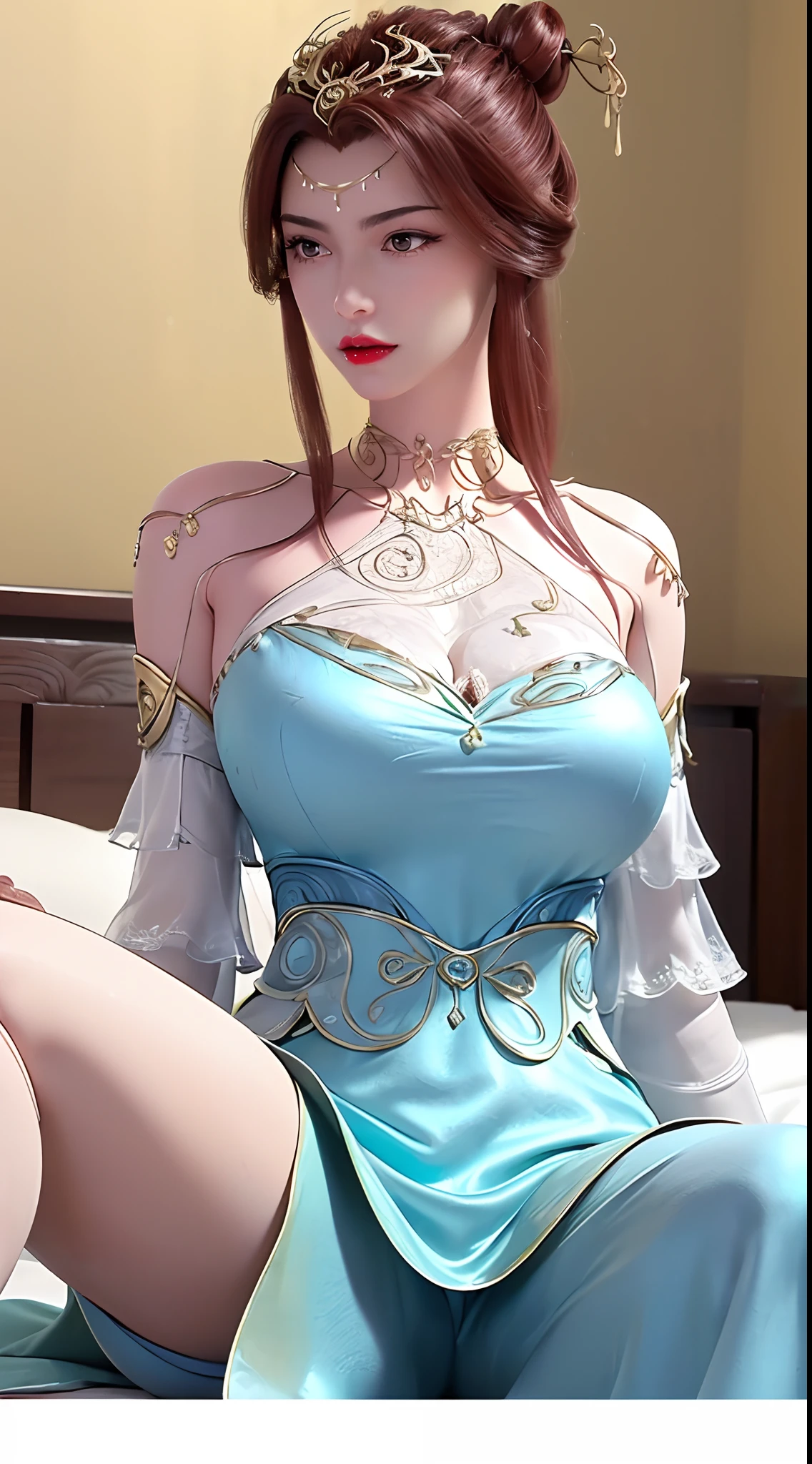 1 beautiful and sexy 20 year old girl, ((wear Blue antique nightgown is super invisible and sexy:2)), ((Ancient costumes made of see-through silk fabric:2)), sexy hanfu style, waist-length brown hair, jewelry elaborately made from precious stones and beautiful hair, ((wearing a 24k gold lace necklace:1.4)), the noble, noble style of an extremely beautiful girl, her small face is super cute, her face is very pretty, thin eyebrows, flawless beautiful face, ((black eye pupils: 0.8)), very beautiful eyes, ((brown eyes: 1.6)), (((big round eyes:1.6))), nice makeup and hair detailed eyelashes, steamy eye makeup, high nose, earrings, red lips, ((closed mouth: 1.5)) beautiful lips, slim hands, most beautiful thighs, ((arms spread out to the sides: 1.5)), rosy face, clean face, flawless beautiful face, smooth white skin, (big breasts: 1.5)), tight breasts, beautiful cleavage, (((big breasts and super round: 1.8))), beautiful breasts, perfect body, back arms, chest out, ((sitting position, leaning back with hands behind and chest raised high: 1.8)), ((Open your legs:1.5)), not ashamed, 8k photo, super high quality, super realistic, super 10x pixels, optical, bright studio, bright edges, dual-tone lighting, (high-detail skin:1.2), super 8k, soft lighting, high quality, volumetric lighting, photorealistic, photorealistic high resolution, lighting, best photo, 4k, 8k quality, smooth sharp, 10x pixel, ((Romantic bedroom and white bed background:1.5)), aurora, lightning, super graphics realistic, most realistic graphics, 1 girl, alone, solo, Extremely sharp image, surreal, (((upper body: 1.5)))."