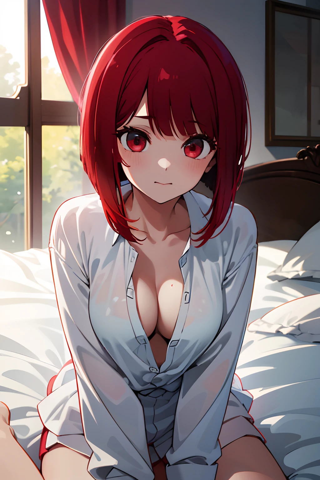 Masterpiece, Best Quality, High Resolution, Ultra High Resolution, Depth Of Field,1girl, red eyes, red hair, ((bob hair)), (oversize shirt), small breasts, Cleavage, Exposed skin, on bed