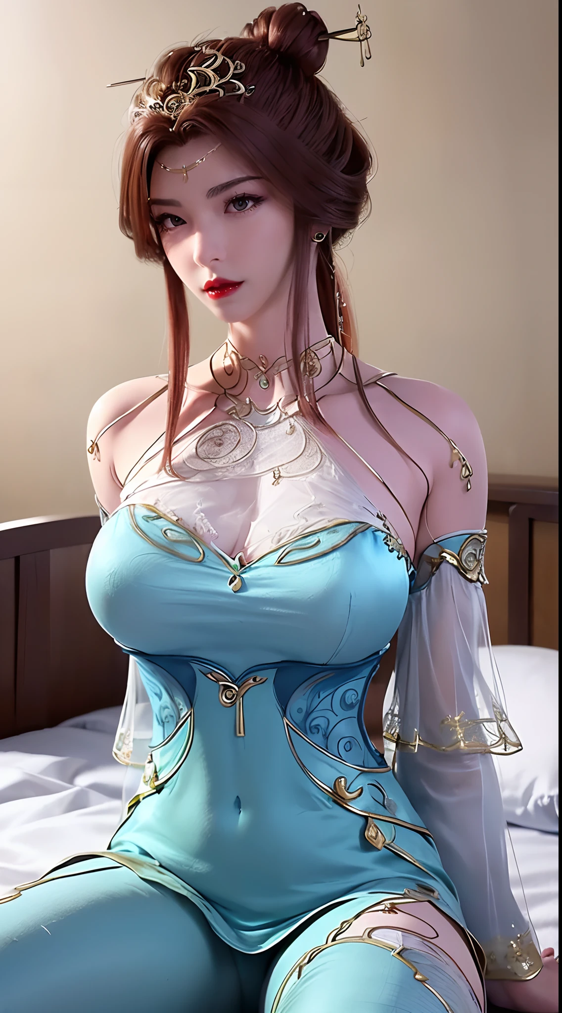 1 beautiful and sexy 20 year old girl, ((wear Blue antique nightgown is super invisible and sexy:2)), ((Ancient costumes made of see-through silk fabric:2)), sexy hanfu style, waist-length brown hair, jewelry elaborately made from precious stones and beautiful hair, ((wearing a 24k gold lace necklace:1.4)), the noble, noble style of an extremely beautiful girl, her small face is super cute, her face is very pretty, thin eyebrows, flawless beautiful face, ((black eye pupils: 0.8)), very beautiful eyes, ((brown eyes: 1.6)), (((big round eyes:1.6))), nice makeup and hair detailed eyelashes, steamy eye makeup, high nose, earrings, red lips, ((closed mouth: 1.5)) beautiful lips, slim hands, most beautiful thighs, ((arms spread out to the sides: 1.5)), rosy face, clean face, flawless beautiful face, smooth white skin, (big breasts: 1.5)), tight breasts, beautiful cleavage, (((big breasts and super round: 1.8))), beautiful breasts, perfect body, back arms, chest out, ((sitting position, leaning back with hands behind and chest raised high: 1.8)), ((Open your legs:1.5)), not ashamed, 8k photo, super high quality, super realistic, super 10x pixels, optical, bright studio, bright edges, dual-tone lighting, (high-detail skin:1.2), super 8k, soft lighting, high quality, volumetric lighting, photorealistic, photorealistic high resolution, lighting, best photo, 4k, 8k quality, smooth sharp, 10x pixel, ((Romantic bedroom and white bed background:1.5)), aurora, lightning, super graphics realistic, most realistic graphics, 1 girl, alone, solo, Extremely sharp image, surreal, (((upper body: 1.5)))."