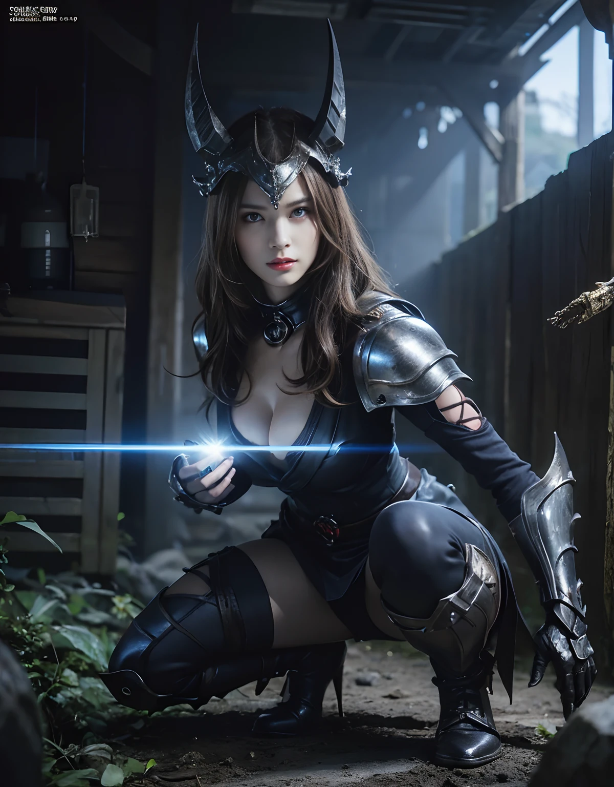 (One Knight Girl)、top-quality、​masterpiece、超A high resolution、(Photorealsitic:1.4)、Raw photo、女の子1人、Fight mutants、（Wear the Dark Knight's Armor）、glowy skin、(((Dark Fantasy)))、With a beautiful sword and shield、（Black Metal Bodysuit）、(Fight goblins、ogre、Fierce battle with orcs),（Fight fiercely against aliens）、Fight fiercely、(Skeleton collective background),(Background of decaying dungeon ruins)、（Skeleton helmet）、(Fighting Demonic Beasts)、(Small LED)、((super realistic details))、portlate、(Strong giant demon beast background),globalillumination、Shadow、octan render、8K、ultrasharp、Colossal tits、Raw skin is exposed in cleavage、metals、Details of complex ornaments、Japan details、highly intricate detail、Realistic light、(Mystical expression),CGSoation Trends、Red Eyes、radiant eyes、Facing the camera、neon details、(Mechanical limbs)、(blood vessels connected to tubes)、()、Gundam、Small LED、Toostock、（Fight aliens on another planet）、（Attack of the Monster Beasts）、（Wounded in a deadly battle）、