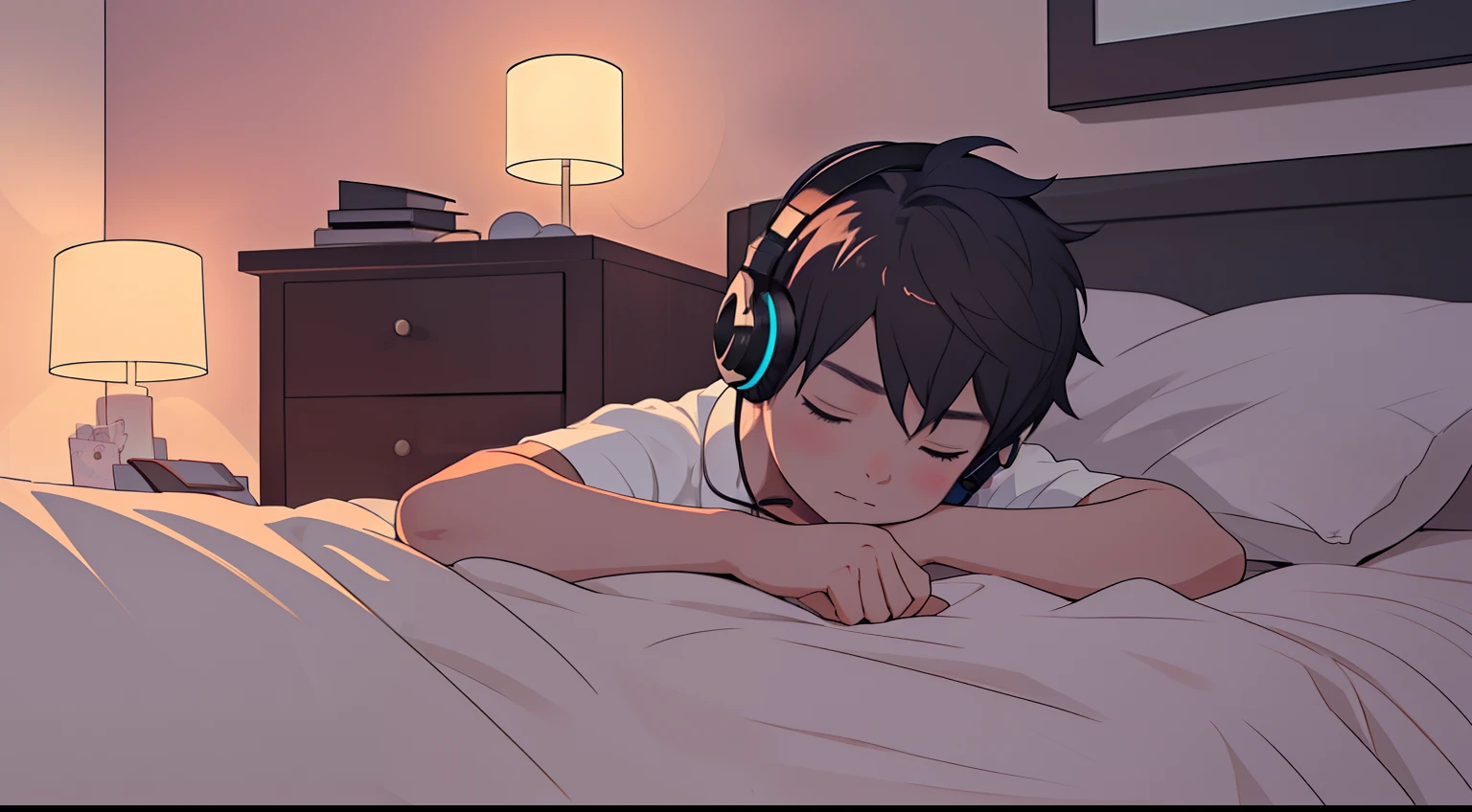 A little boy lay quietly on the bed，Listen to music with headphones on，Relaxing and comfortable atmosphere in a night bedroom setting