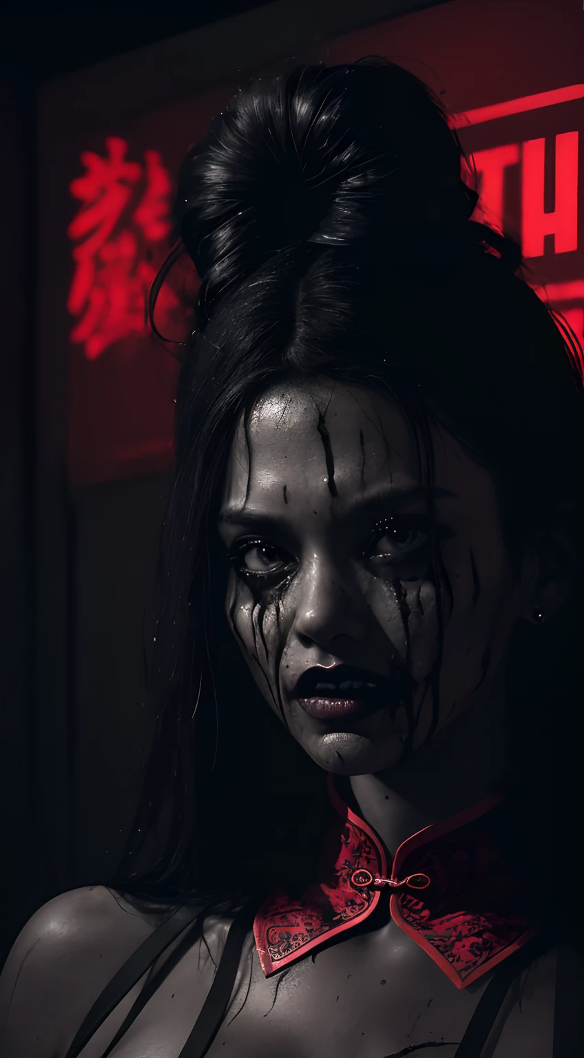 horror art, dread, Best quality, masterpiece, ultra high quality, creepy, unnerving, unsettling, terrifying, 80mm, horror lighting, dynamic action, (((dramatic))), (((gritty))), (((intense)))) The movie poster features a young woman as the central character. She is shy in the center of the poster, wearing a cheongsam outfit, with large breasts showing cleavage, and a determined expression on her face. The background is dark and gritty, with a feeling of drunkenness. The text is bold and eye-catching, with catchy slogans that add to the overall drama and excitement. The color palette is dominated by dark colors, dotted with bright colors, giving the poster a dynamic and visual impact, tachi-e (magazine:1.3), (cover-style:1.3), fashionable, woman, vibrant, outfit, posing, front, colorful, dynamic, alien,
