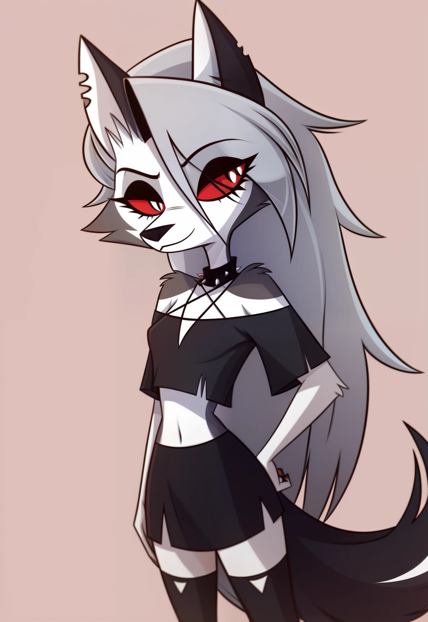 (Vivziepop style), anthro, canid, canid demon, demon, female, hellhound, helluva boss, instagram, (loona), mammal, midriff, official art, red sclera, safe content, shoulderless shirt, solo, long grey hair, (by vivzmind)