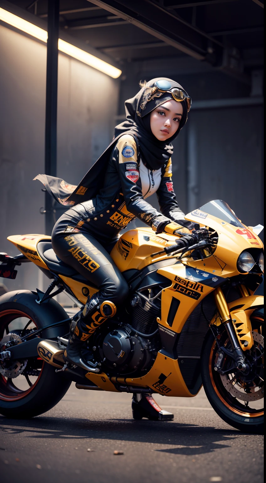 Produce a visually striking 8K AI-generated image of a Malay hijab girl drag racer in his 20s within a steampunk-inspired world. Use photorealism to bring out the racer's personality and determination, while also infusing the image with the intricate and imaginative details of a steampunk setting. Apply depth of field to create a captivating composition that immerses the viewer in the racer's world.