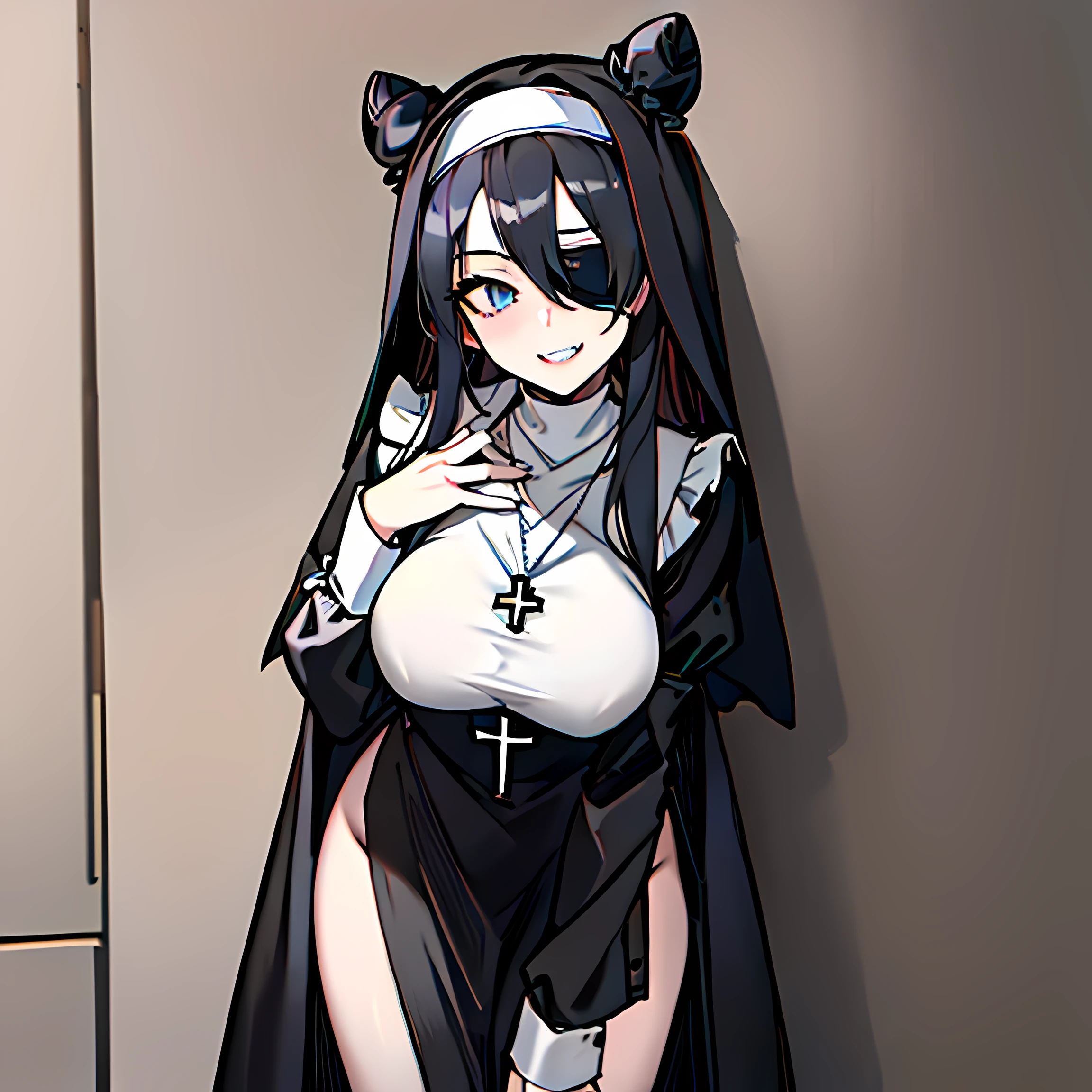 (absurdres, 8k, 4k, masterpiece, hyper extreme detailed:1.2), best quality, expressive eyes, highres, perfect eyes, 1girl, perfect face, perfect hands, Long Hair, Black hair, braided buns, buns in hair, large bust, crazy face, crazy eyes, crazy smile, eyepatch, gothic, curious, half body, standing, leaning against wall, gothic, pale skin, absurdquality, shocked, concerned, confused, head tilt, cowboy_shot, fang tooth, black eyepatch, smile, wall background, mature, adult, leaning forward, stitches, hands below chest, hands covering chest, nun, nun outfit, white skin, black hair, hair buns, nun, necklace