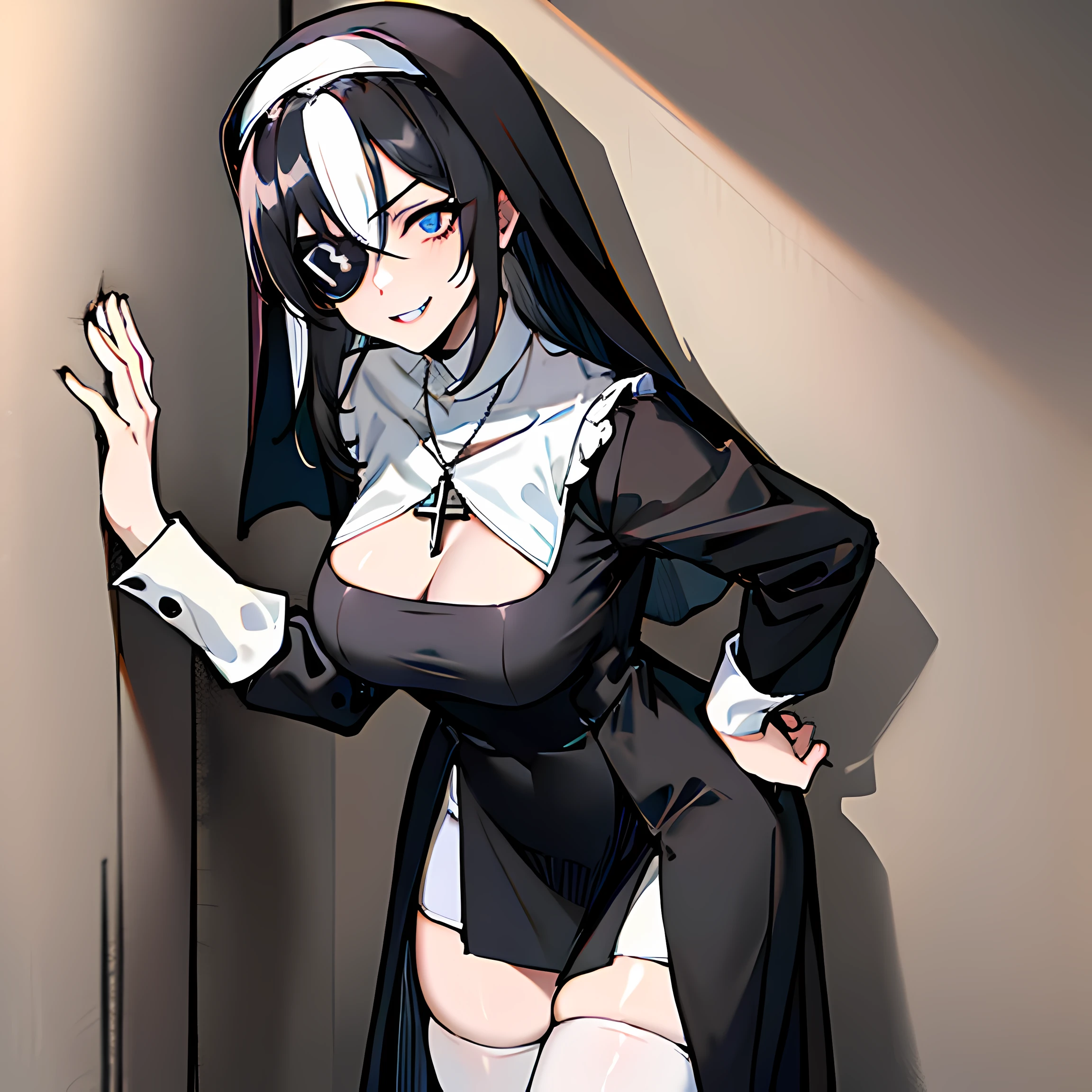 (absurdres, 8k, 4k, masterpiece, hyper extreme detailed:1.2), best quality, expressive eyes, highres, perfect eyes, 1girl, perfect face, perfect hands, Long Hair, Black hair, braided buns, buns in hair, large bust, crazy face, crazy eyes, crazy smile, eyepatch, gothic, curious, half body, standing, leaning against wall, gothic, pale skin, absurdquality, shocked, concerned, confused, head tilt, cowboy_shot, fang tooth, black eyepatch, smile, wall background, mature, adult, leaning forward, stitches, hands below chest, hands covering chest, nun, nun outfit, white skin, black hair, hair buns, nun, necklace