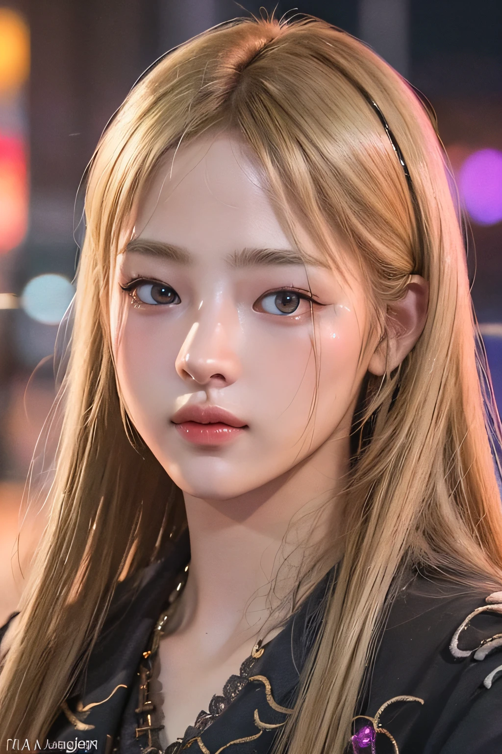 Top Quality, Masterpiece, Ultra High Resolution, (Photorealistic: 1.4), Raw Photo, 1 Girl, Blonde Hair, Glossy Skin, (Ultra Realistic Detail)), Portrait, Global Illumination, Shadows, Octane Rendering, 8K, Ultra Sharp, Big, Raw Skin, Metal, Intricate Ornament Details, Korea Details, Very intricate details, realistic light, CGSoation trend, purple eyes, glowing eyes, facing the camera, neon details,