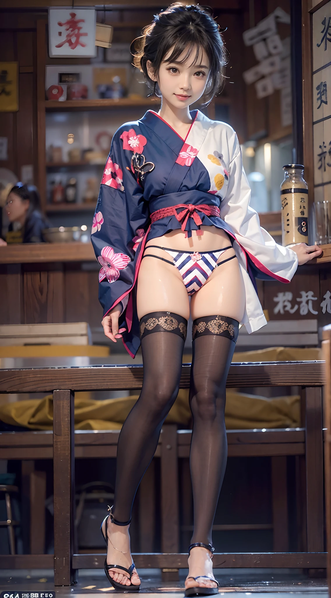 ((Japanese pattern underwear)), ((panties focus)),  Japanese-style izakaya, Smiling smile, (The FW), 1womanl, 独奏, 24 year old, 7headed body, (Ideal ratio body proportions), (Composition from head to thigh), erectile nipple, Sexy body, Wet, short-hair, Dark hair, small tits, A slender, Small buttocks, beauty legs, Skinny Legs, surrealism, Cinematic lighting, depth of fields, One-person viewpoint, F/1.8, 135 mm, nffsw, masutepiece, ccurate, ((Anatomically correct)), Textured skin, Super Detail, high details, High quality, awardwinning, Best Quality, hight resolution, 8K