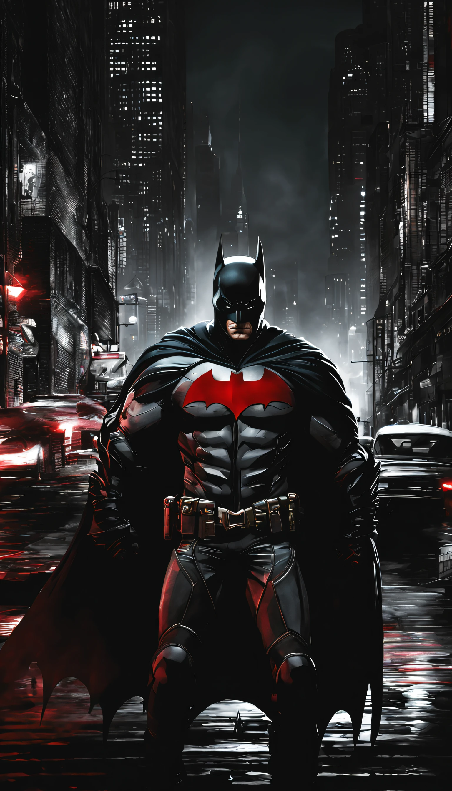 Explore the dark and gritty streets of Gotham City as Batman, the caped crusader, in a stunning noir-style rendering that captures the brooding atmosphere of the city.”to futuristic bad eyes, red eyes
