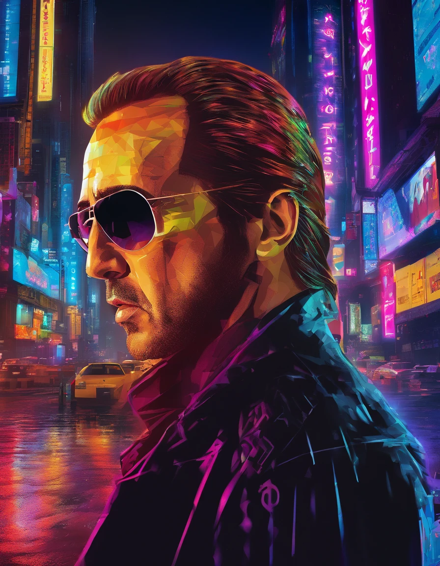 Nicolas Cage,Wearing a translucent holographic helmet,There are projections of text and pictures on it,Close-up of the head,The background is the world of the future,k hd,the detail