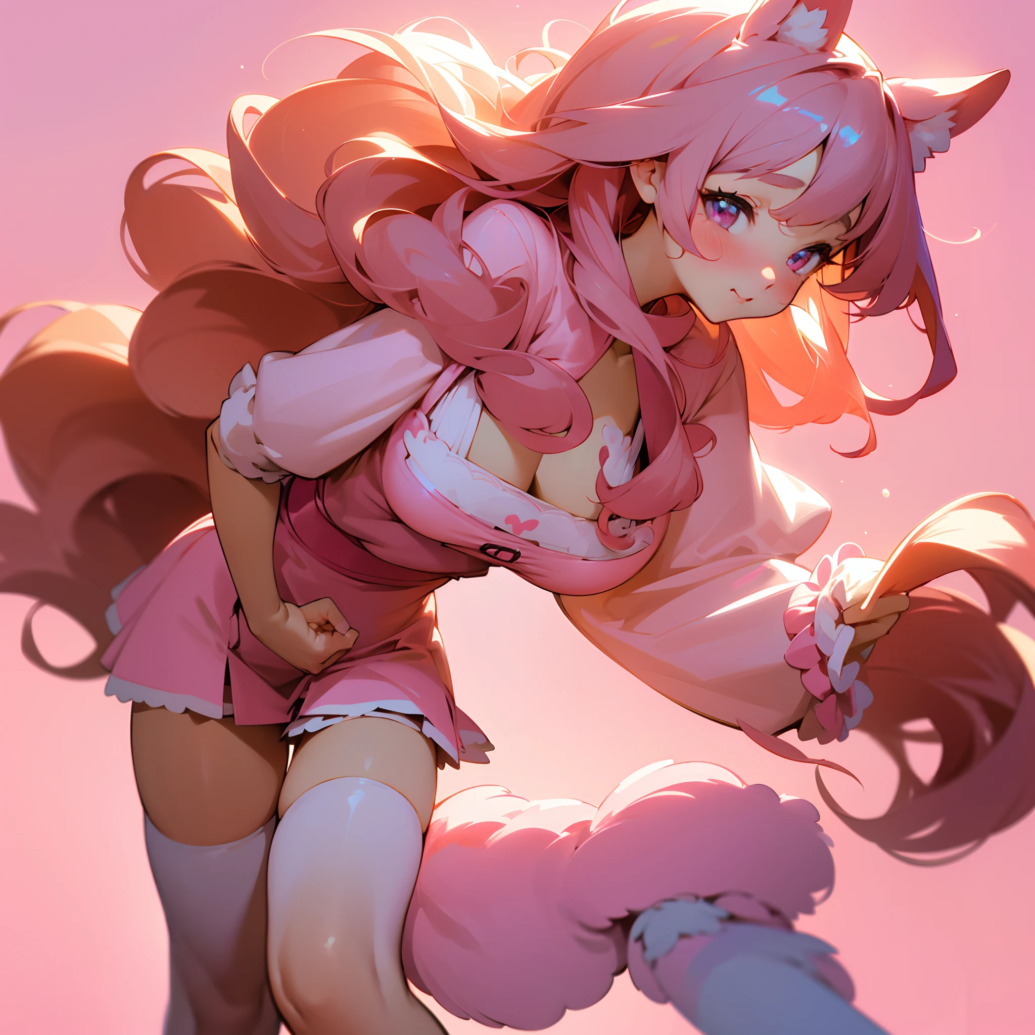 (best quality,4k,8k,highres,masterpiece:1.2),ultra-detailed,(realistic,photorealistic,photo-realistic:1.37),anime,1girl,cute,lingerie,dog ears,long hair,pink background,bright colors,wavy hair,playful smile,innocent eyes,soft lighting,vibrant colors,sparkling eyes,intense gaze,ruffled skirt,knee high socks,blush on cheeks,standing pose,dainty hands,pink lingerie,adorable expression,kawaii,dog tail,fluffy ears,sweet face,cute pout,cute personality,anime style,meticulous artwork,glossy finish,shiny eyes,cartoonish details,pastel colors,whimsical atmosphere,vivid emotions.