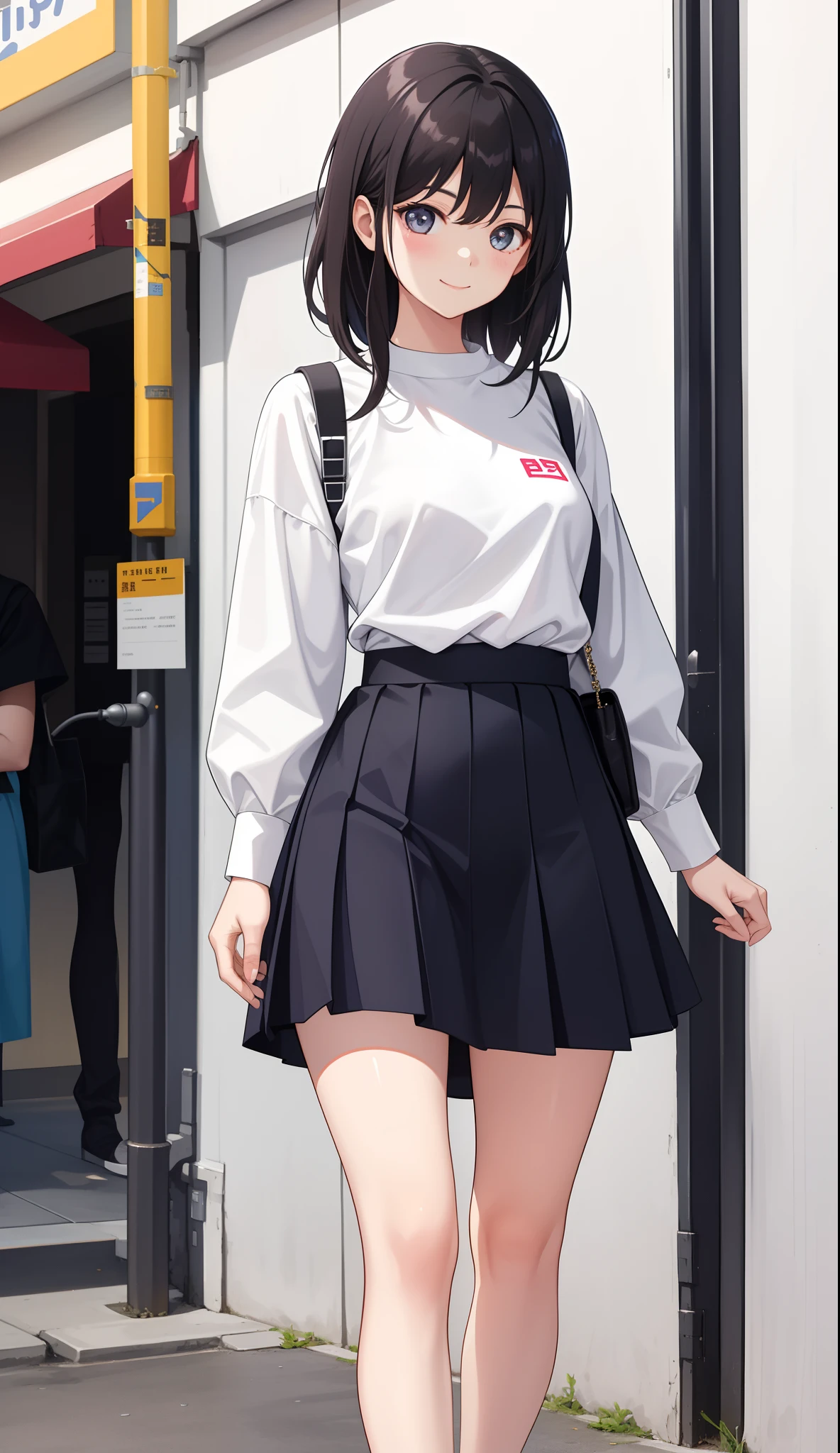 Anime girl in a skirt and shirt walking down a street - SeaArt AI