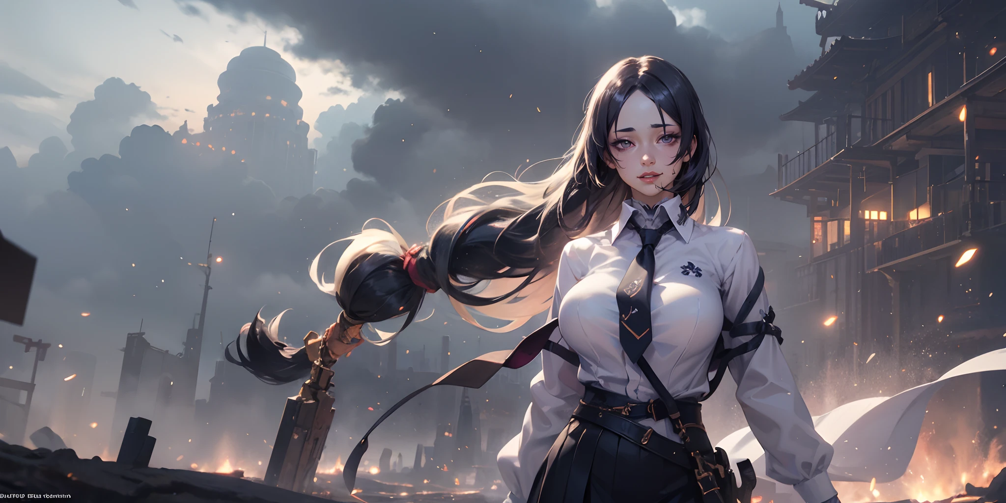 (dark-puprle hair, long hair:1.6), purple eyes, 1girl, cloud, necktie, sky, black_neckwear, wind, outdoors, breasts, solo, shirt, floating_hair, skirt, cloudy_sky, pencil_skirt, white_shirt, long_sleeves, collared_shirt, looking_at_viewer, black_belt, black_skirt, large_breasts, parted_lips, glow effects, godrays, Hand drawn, render, 8k, octane render, cinema 4d, blender, dark, atmospheric 4k ultra detailed, cinematic, Sharp focus, big depth of field, Masterpiece, colors, 3d octane render, 4k, concept art, trending on artstation, hyperrealistic, Vivid colors, extremely detailed CG unity 8k wallpaper, trending on CGSociety, Intricate, High Detail, dramatic, glowing eyes, large breasts,