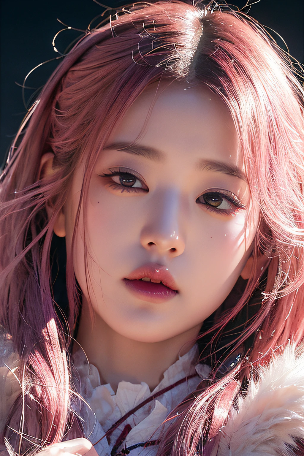 Top Quality, Masterpiece, Ultra High Resolution, (Photorealistic: 1.4), Raw Photo, 1 Girl, Pink Hair, Glossy Skin, (Ultra Realistic Detail)), Portrait, Global Illumination, Shadows, Octane Rendering, 8K, Ultra Sharp, Big, Raw Skin, Metal, Intricate Ornament Details, Korea Details, Very intricate details, realistic light, CGSoation trend, purple eyes, glowing eyes, facing the camera, neon details,