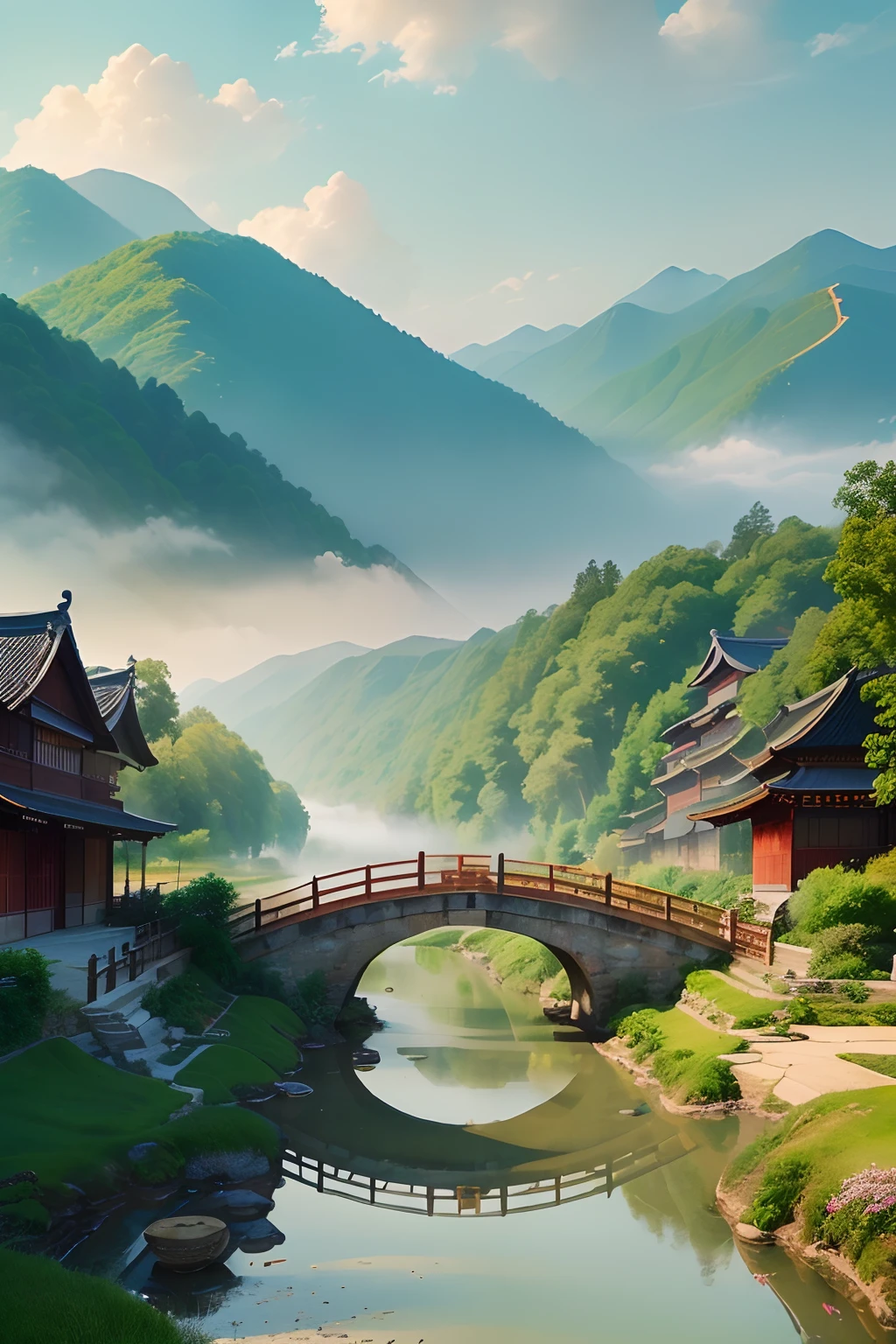 (a rural scene: village surrounded by fields, a river runs through the landscape), (traditional Chinese landscape painting: inspired by the works of ancient masters), (detailed, intricate brushstrokes), (best quality, high resolution: 4k or 8k), (peaceful atmosphere), (rich green and golden colors: representing the fertile land), (warm sunlight: casting soft shadows on the scenery), (traditional architecture: Chinese-style houses and pavilions), (farmer working in the field: wearing straw hat, plowing the land), (bamboo forest: gently swaying in the breeze), (gentle rolling hills: in the background, creating a sense of depth), (birds flying in the sky: adding movement and life), (misty mountains: fading into the distance, creating a dream-like atmosphere), (traditional clothing: villagers wearing hanfu), (dragonflies and butterflies: gracefully fluttering around), (peaceful river: reflecting the surrounding scenery), (ancient bridges: connecting the two sides of the river), (ancient Chinese characters: carved on a stone tablet), (lotus flowers: blooming in the water, symbolizing purity and enlightenment), (tranquil mood: inviting viewers to immerse themselves in the peaceful countryside), (harmonious composition: balancing the elements in the painting), (nostalgic feeling: evoking a sense of the past), (distant smoke rising: from cooking fires in the village), (distant sound of laughter: indicating the presence of villagers), (soft breeze: rustling the leaves of the trees), (small boat on the river: with a fisherman, capturing the essence of a simple and contented life), (traditional culture: depicting the spirit and values of ancient Chinese society), (timeless beauty: capturing the enduring allure of the Chinese countryside), (subtle details: adding depth and realism to the artwork), (vibrant and harmonious color palette: creating a visually pleasing experience), (traditional Chinese music: playing softly in the background), (serene and calm ambiance: allowing vie