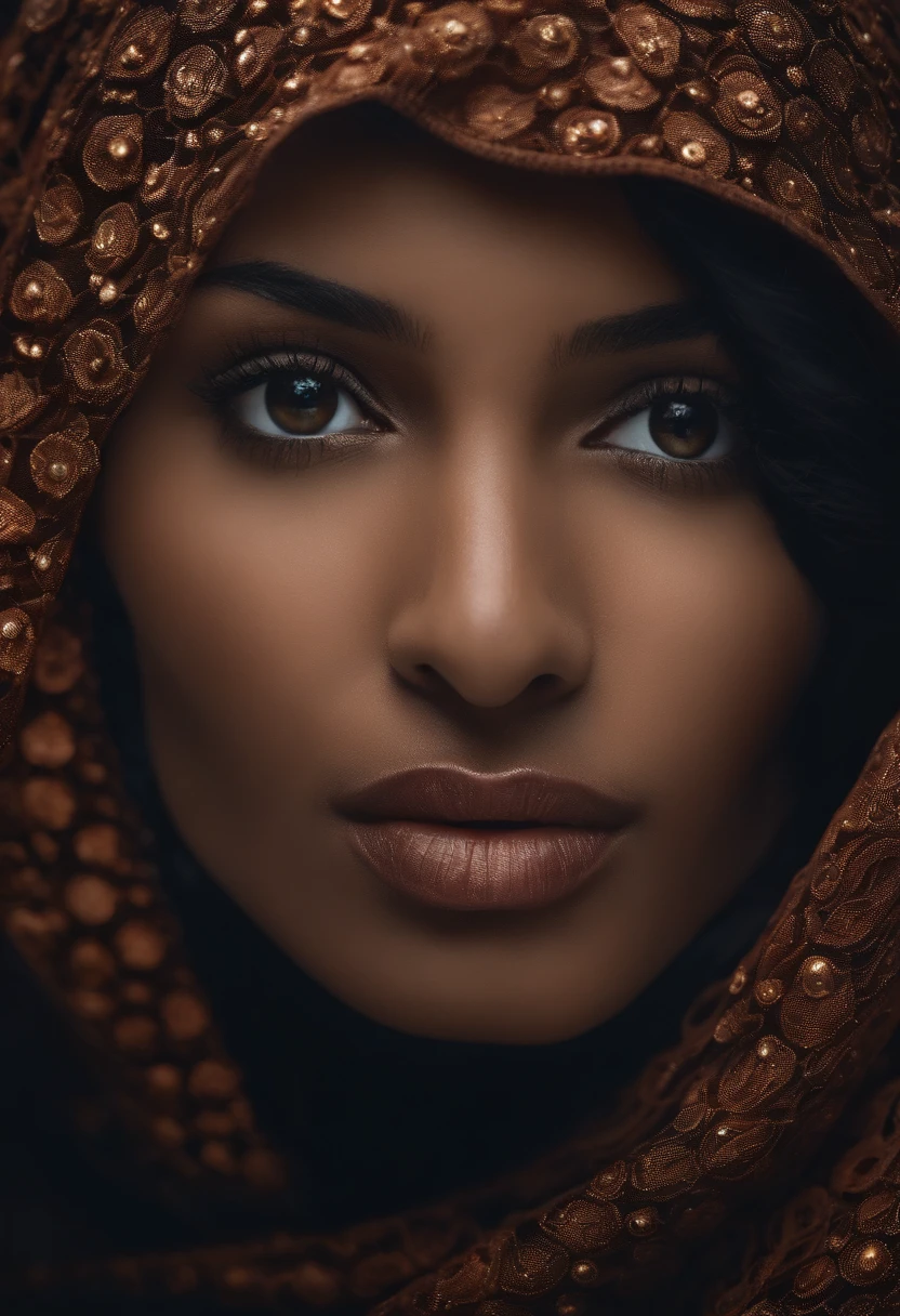 Subject: "Hidden Complexities Beneath the Veil" Style: Photorealism, 8k, DOF Description: Visualize a stunning woman in a hijab, but beneath the surface, reveal intricate trypophobia patterns that are only noticeable upon closer inspection. Achieve a balance between beauty and unsettling complexity.