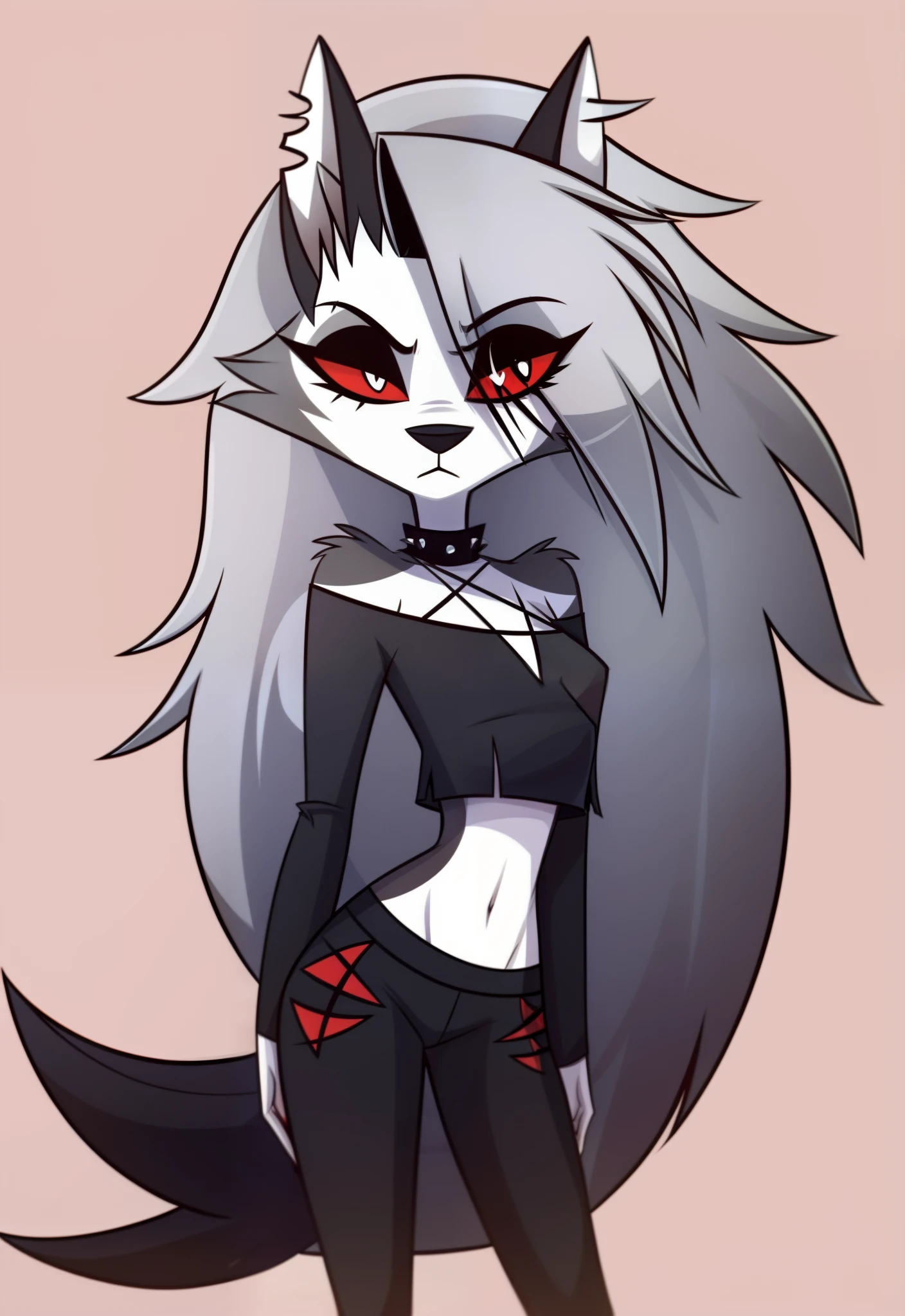 (Vivziepop style), anthro, canid, canid demon, demon, female, hellhound, helluva boss, instagram, (loona), mammal, midriff, official art, red sclera, safe content, shoulderless shirt, solo, long grey hair, (by vivzmind)