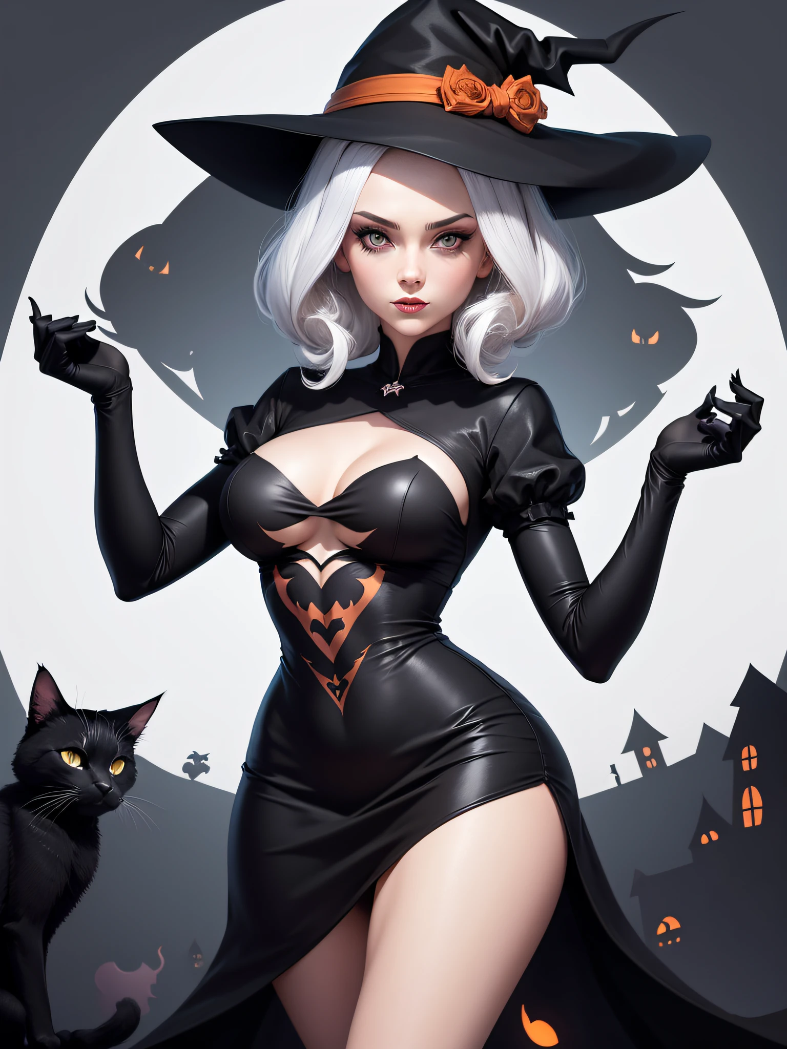 High quality design vector style image, t-shirt print style, graphic art of seductive witch on broom with black cat sabrina style, white background realistic colors, Halloween theme graphic design style Halloween scene