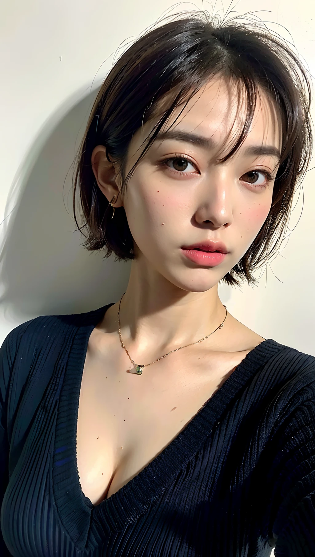(Best quality, 8k, 32k, Masterpiece, UHD:1.2),Photo of Pretty Japanese woman, large breasts, very short bob hair,upper body,face focus,oversized_sweater, necklace, simple background, from above, looking at viewer,