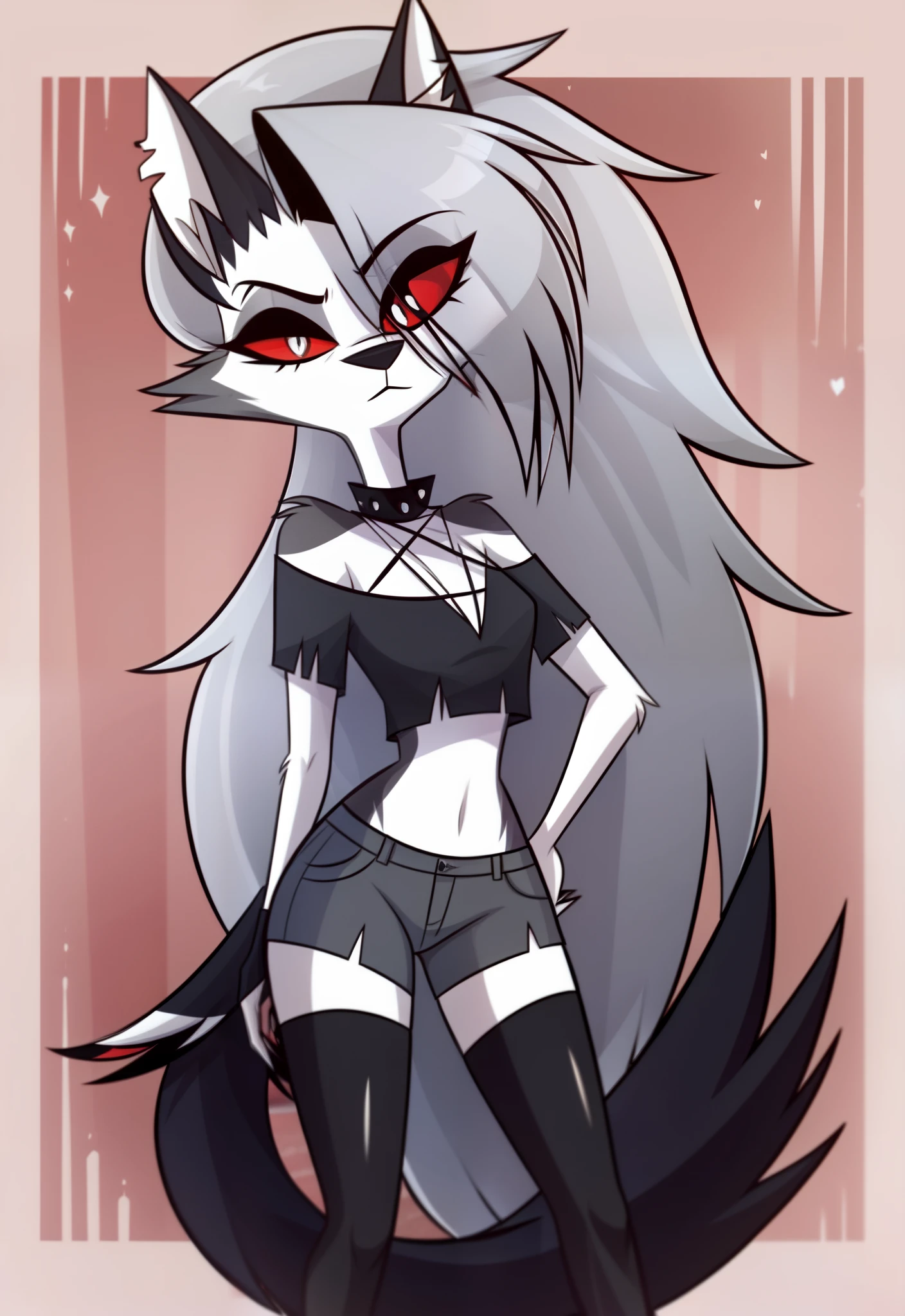 (Vivziepop style), anthro, canid, canid demon, demon, female, hellhound, helluva boss, instagram, (loona), mammal, midriff, official art, red sclera, safe content, shoulderless shirt, solo, long grey hair, (by vivzmind)