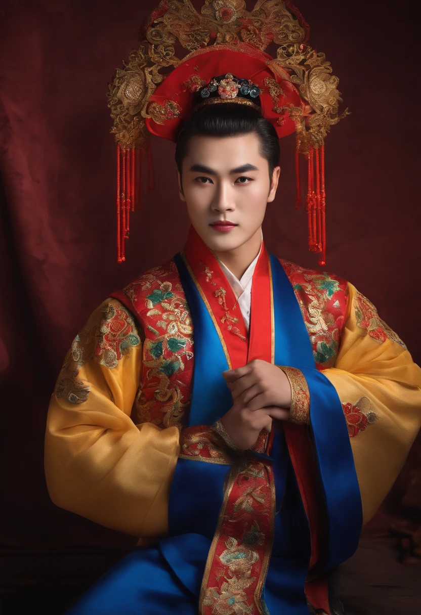 Masterpiece, Highest quality, (solofocus),, (High detail: 1.1),dojo，Red and yellow robes，The male， Man, chinese crown, 1人,and white hair,超高分辨率 , Detailed background, realisticlying, wearing a detailed and intricate xianxia antique outfit