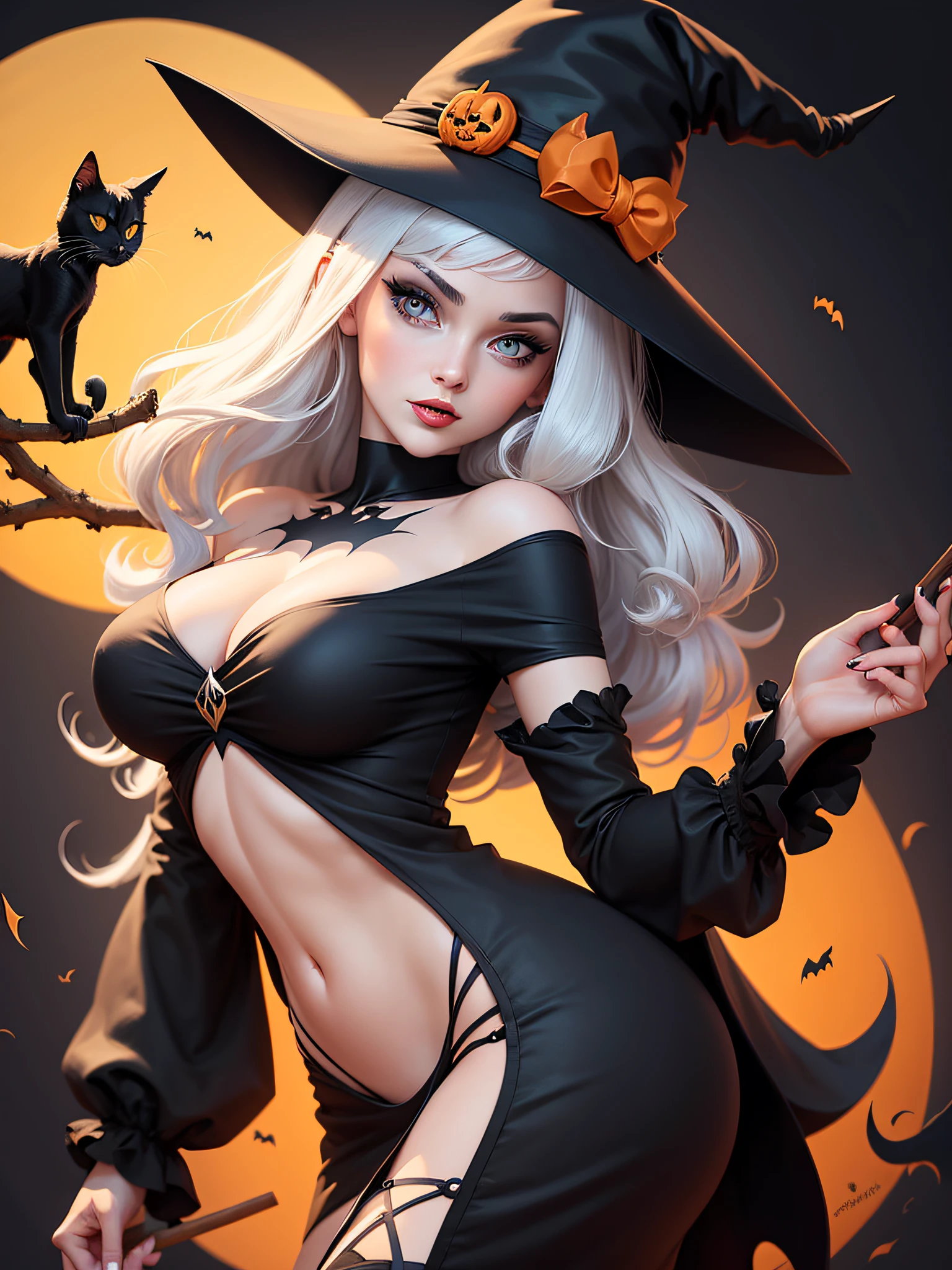High quality design vector style image, t-shirt print style, graphic art of seductive witch on broom with black cat sabrina style, white background realistic colors, Halloween theme graphic design style Halloween scene