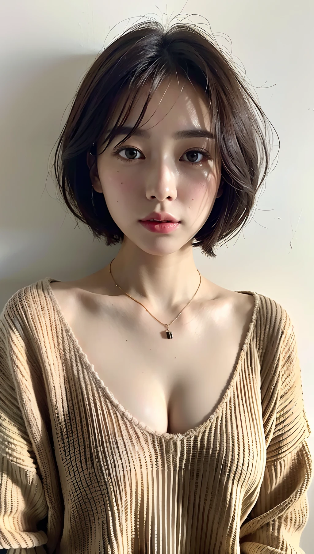 (Best quality, 8k, 32k, Masterpiece, UHD:1.2),Photo of Pretty Japanese woman, large breasts, very short bob hair,upper body,face focus,oversized_sweater, necklace, simple background, from above, looking at viewer,