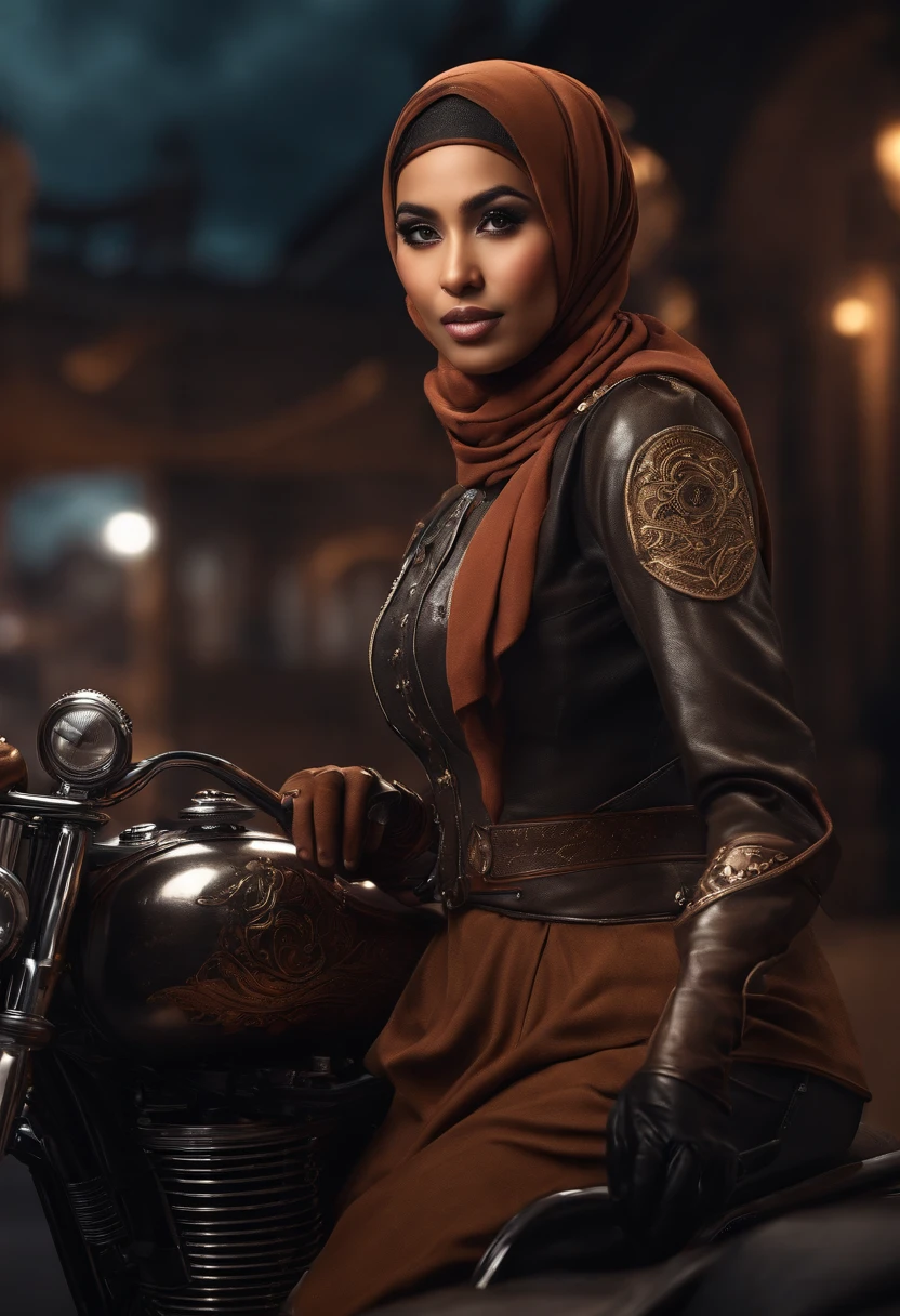 Produce a visually striking 8K AI-generated image of a Malay hijab girl drag racer in his 20s within a steampunk-inspired world. Use photorealism to bring out the racer's personality and determination, while also infusing the image with the intricate and imaginative details of a steampunk setting. Apply depth of field to create a captivating composition that immerses the viewer in the racer's world.